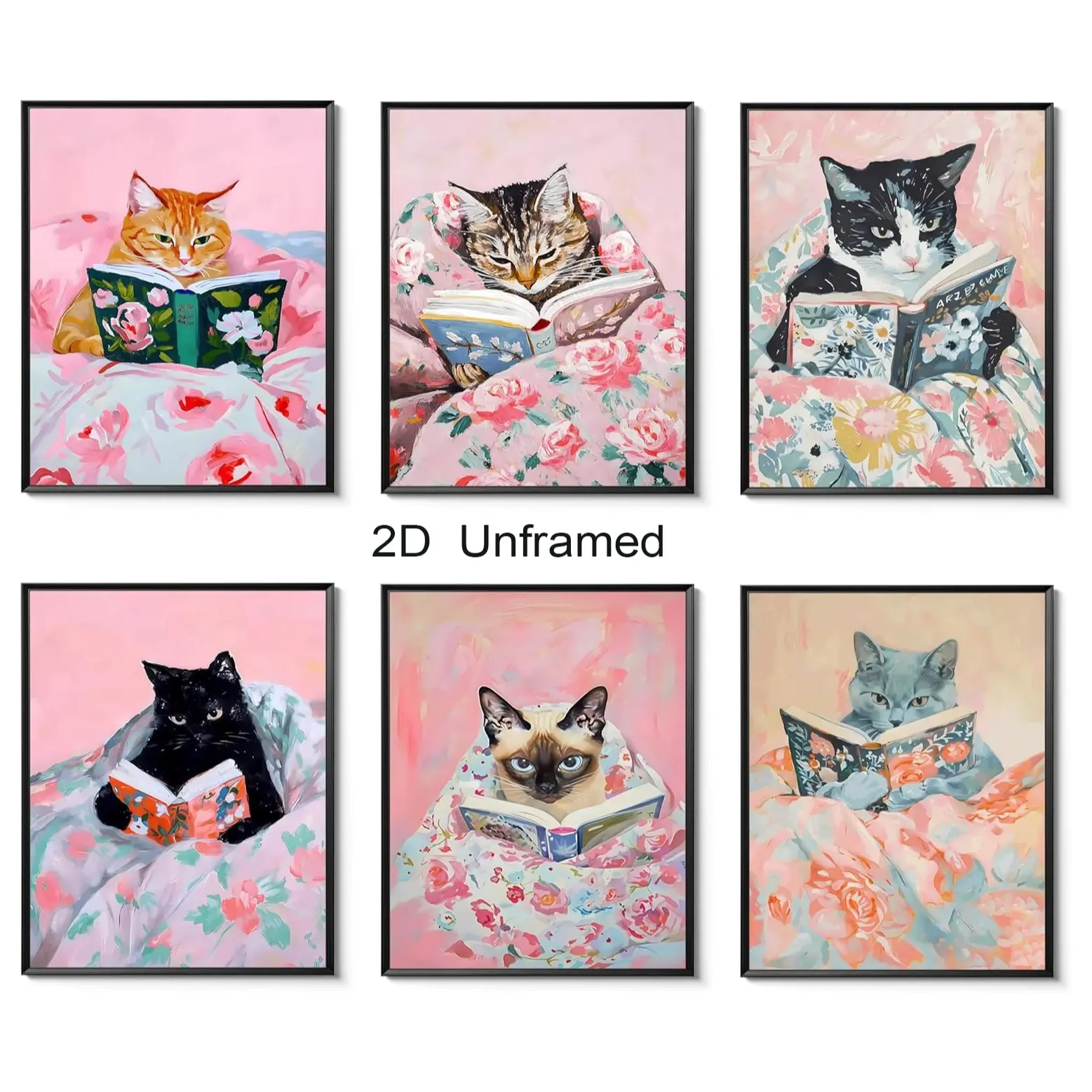 6-Piece  Cute Cat Reading Poster Set, Funny Black Cat Bookworm Canvas Wall Art, Whimsical Animal Wall Art—Perfect Aesthetic Decor for Nurseries, Kids' Rooms, and Bedrooms    Frameless