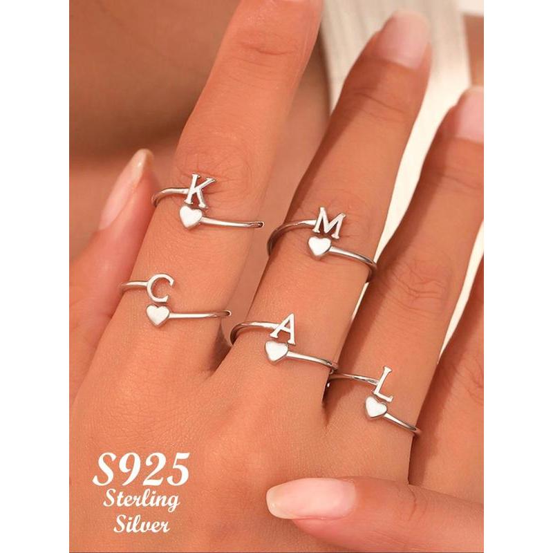 925 Sterling Silver Fashion Alphabet Design Ring, Gifts for Girlfriend, Heart Design Ring for Women & Girls, Trendy All-match & Exquisite Jewelry for Birthday Gift, Promise Ring Gf, Women Gifts