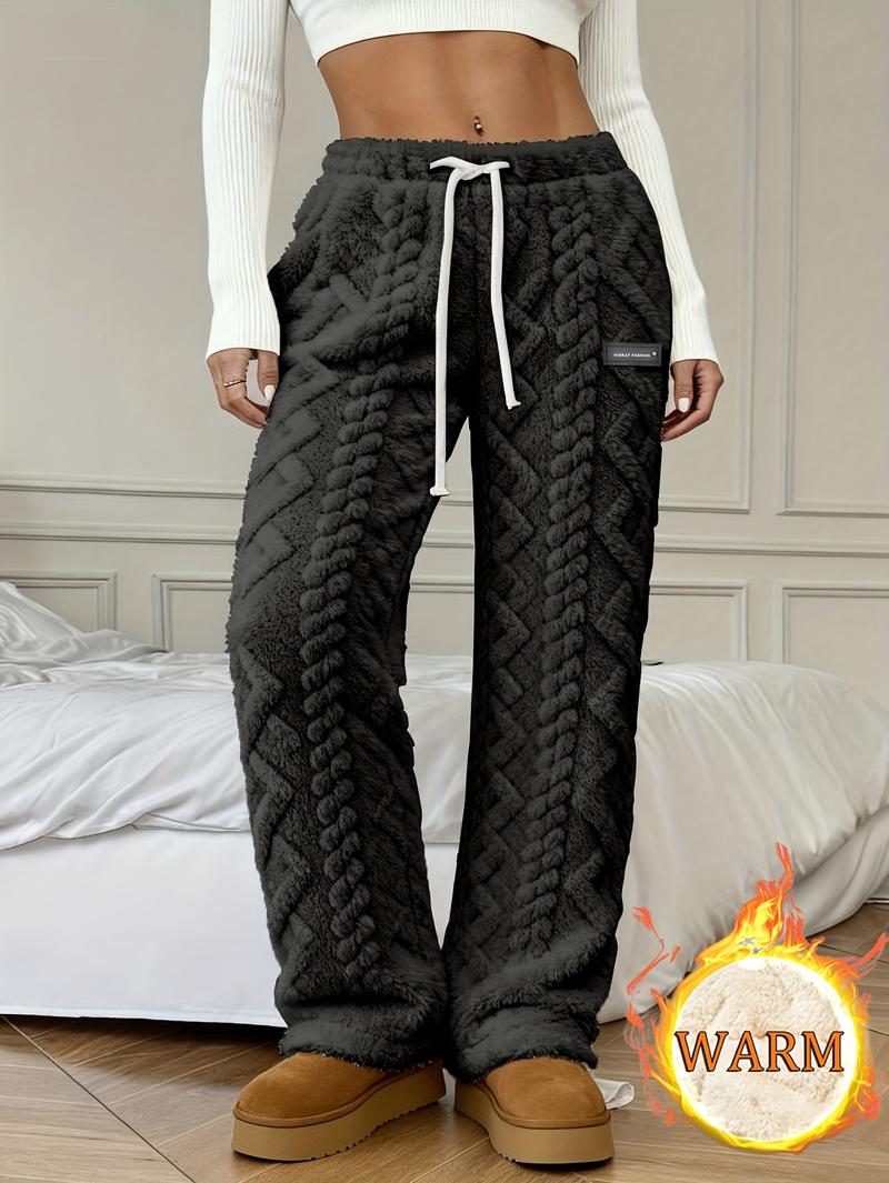 Women's Winter Lined Casual Pants - Jacquard Fabric & Drawstring Waist, Suitable for Home/Outdoor Wear Women's Winter Lined Casual Pants - Jacquard Fabric & Drawstring Waist, Suitable for Home/Outdoor Wear