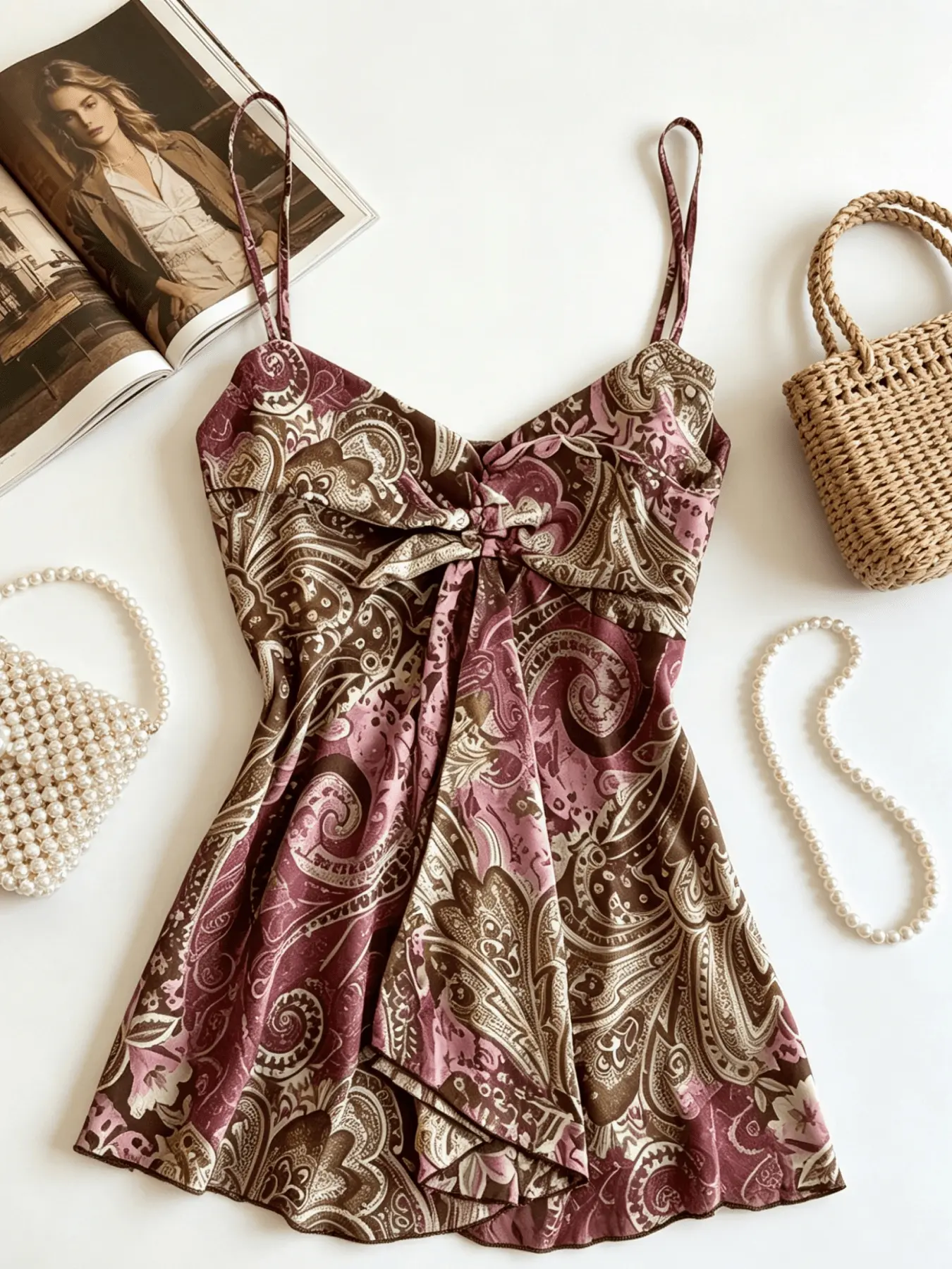 A women's fashionable Casual Classy Elegant chic sleeveless purple brown retro printed slim camisole dress, made of smooth and skin friendly fabric, suitable for commuting to work, shopping and outdoor wear