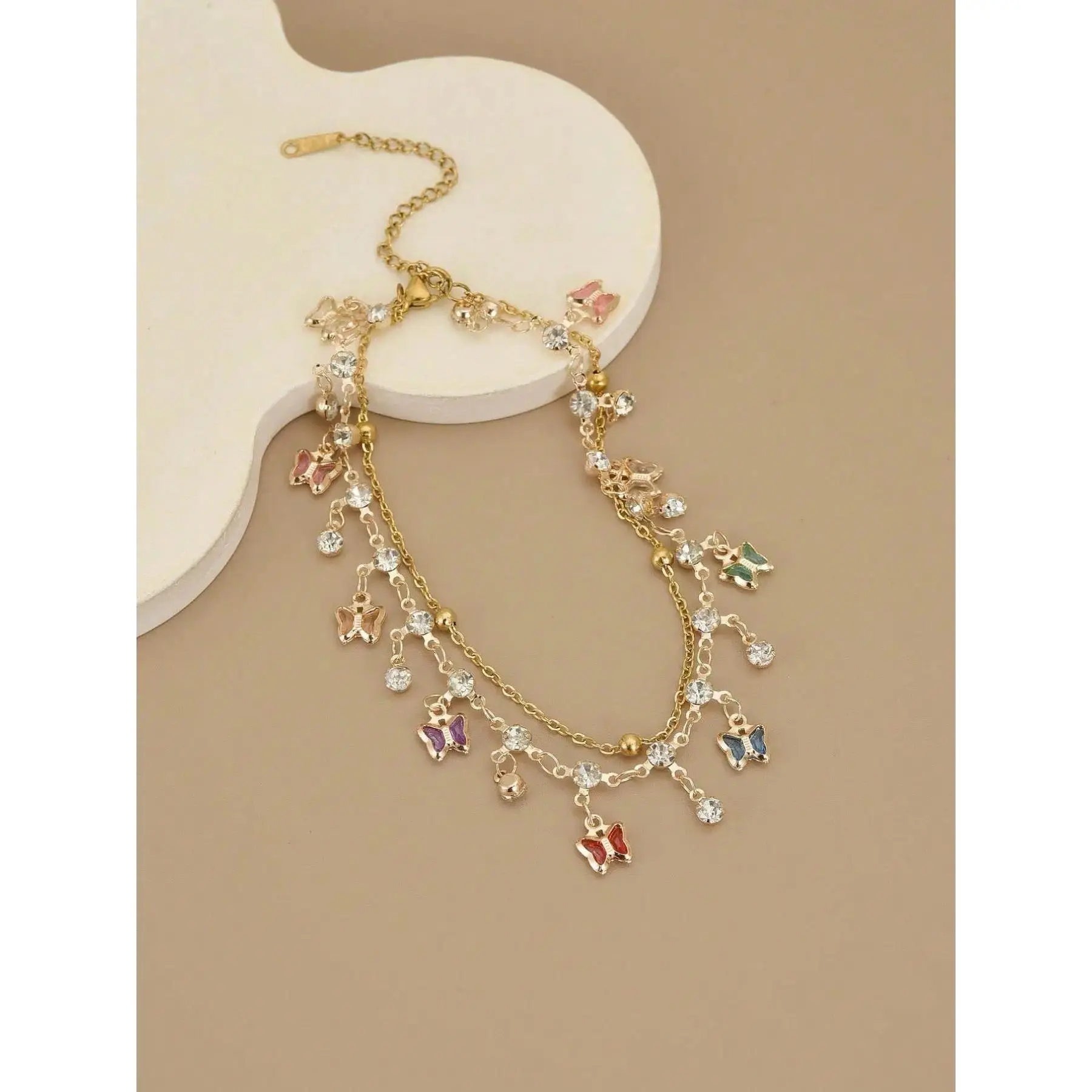Women's Boho Layered Charm Anklet - Gold-Coated Metal Dainty Sparkling CZ Ankle Bracelet with Colorful Butterflies, Female Wear Fashion Chic Accessories with Boho Ankle Layers & Handmade Variation for Beach Weddings Summer