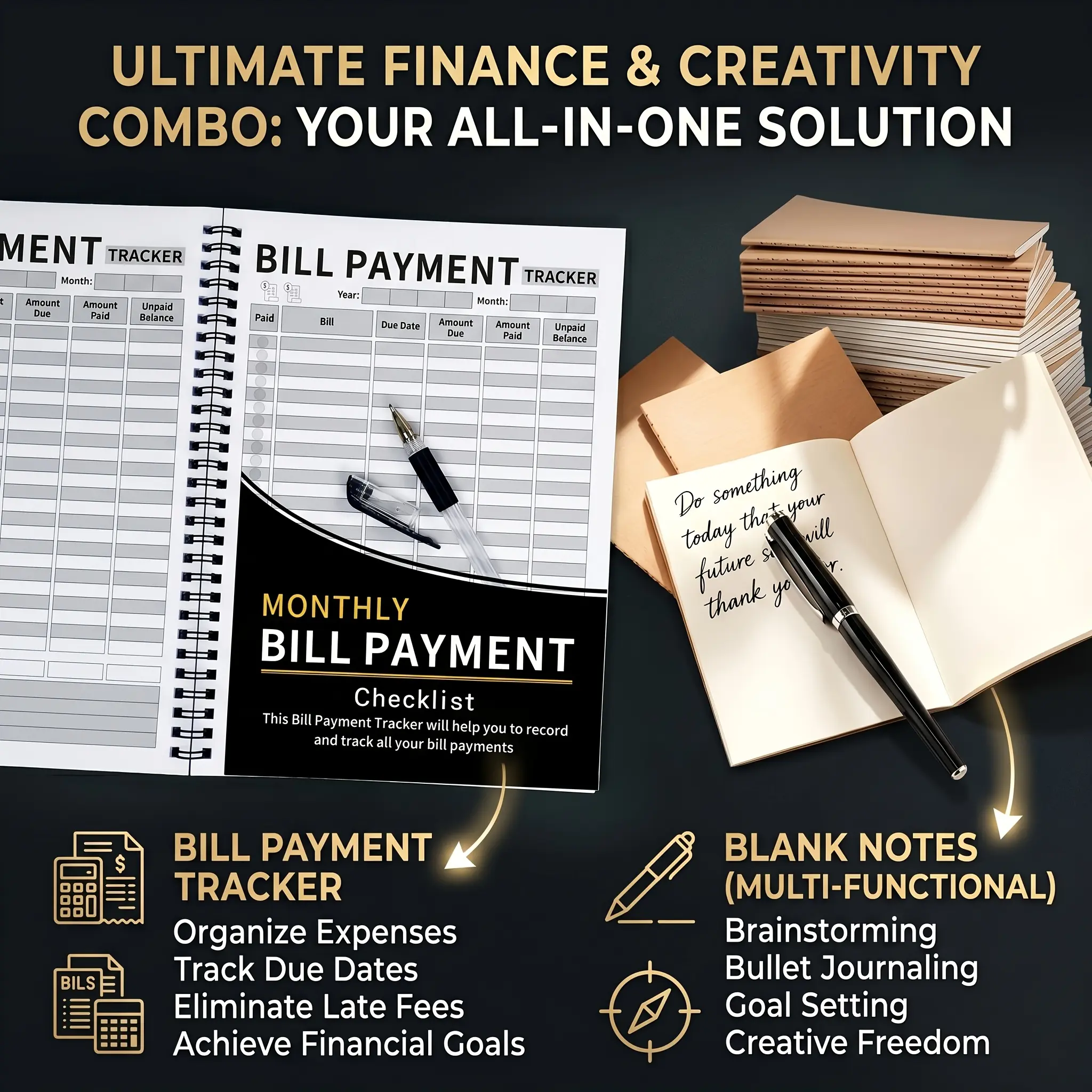 2PCS 48 Months Bill Ledger Expense Budget Record Account Book for Financial Management & Blank Sketch Drawing Notebook for Adults Sketching Art Creation Office School Supplies