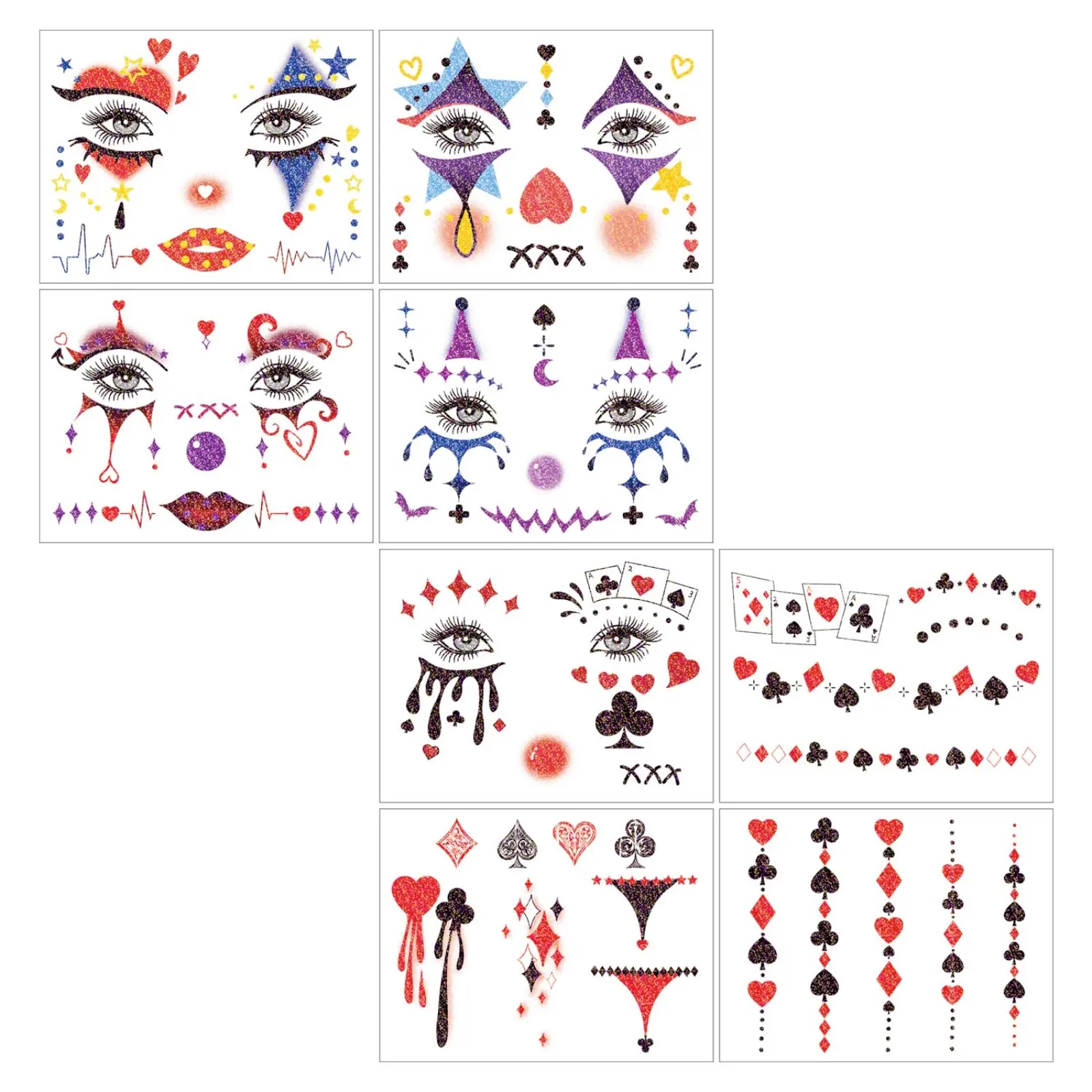 Glitter Halloween Face Tattoos - 16 Sheets Poker Clown Temporary Tattoo Stickers, Waterproof Skin-Safe Body Art for Women Cosplay Casino Party