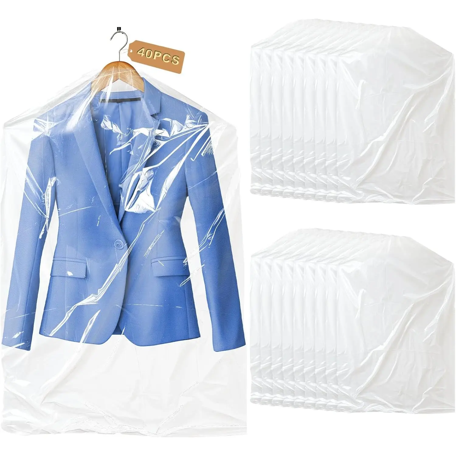 40-Pack Lightweight Transparent Plastic Garment Bags, 60x90cm Hanging Clothes Storage Dry Cleaning Bags