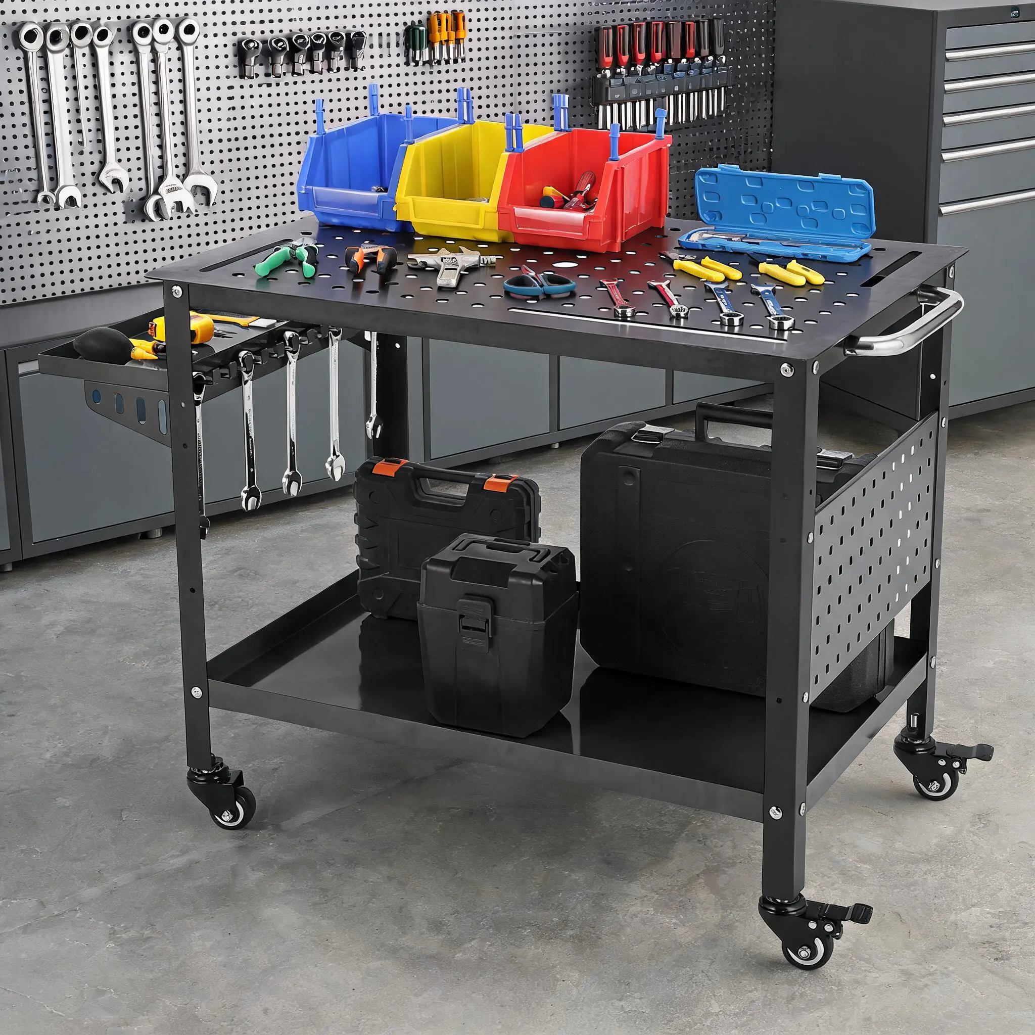 Garvee Heavy-Duty 1200 lb Portable Welding Table Cart with Wheels, 36" x 24" Steel Workbench, 5/8" Fixture Holes, Tool Tray & Storage Shelves for Garage and Workshop – Orange
