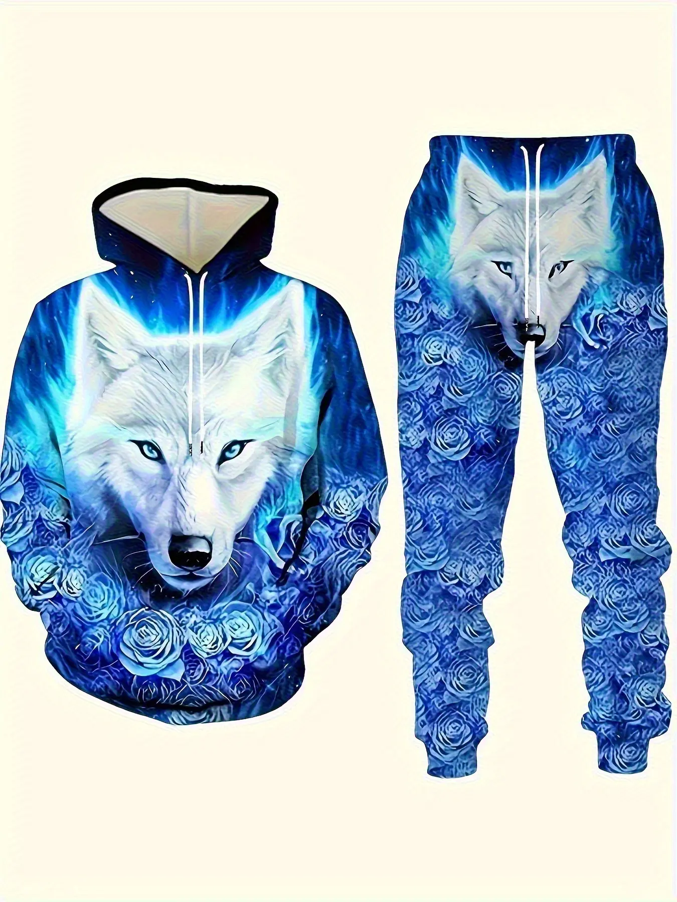 Men'S 3D Wolf Print Hoodie And Casual Sports Set Suitable For Autumn And Winter Wear, Featuring Large Animal Patterns