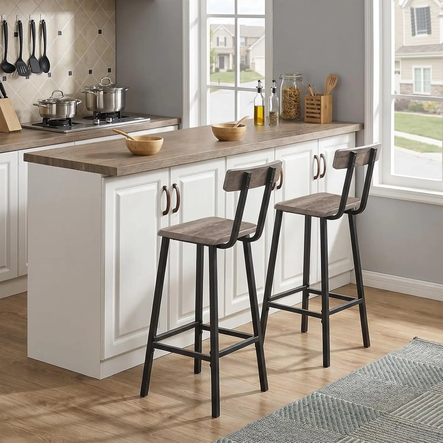 Bar Stools, Set of 2 Bar Chairs with Backrest and Footrest, 26" Breakfast Chairs, Counter Stools for Bar, Living Room, Kitchen, and Dining Room, Greige BAHG05101
