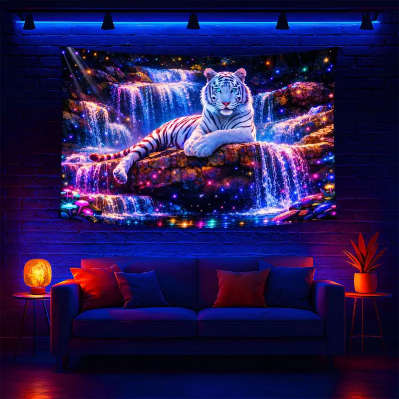 1 Piece Extra-Large Glow-in-the-Dark UV Reactive White Tiger Waterfall Tapestry - Cotton Custom Print Spooky Skeleton Fan Decor - Lightweight Wall Hanging Home Decor Accessory for Bedroom, Outdoor Use bedroom decor cool stuff for room