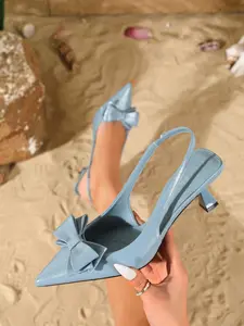 Women's White Slingback Pumps | Front Bow Decoration & Backless Design | Comfortable Mid-Heel | Wedding & Date Night Heels