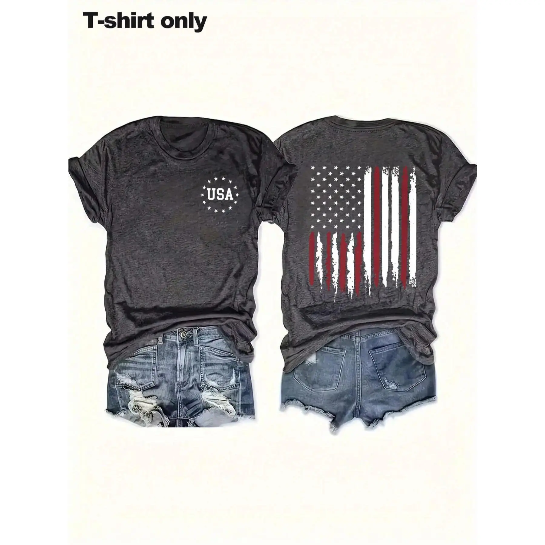 Women's American Flag Print Round Neck Tee, Casual Basic Fashion Short Sleeve T-shirt for Summer, Ladies Clothes for Daily Wear