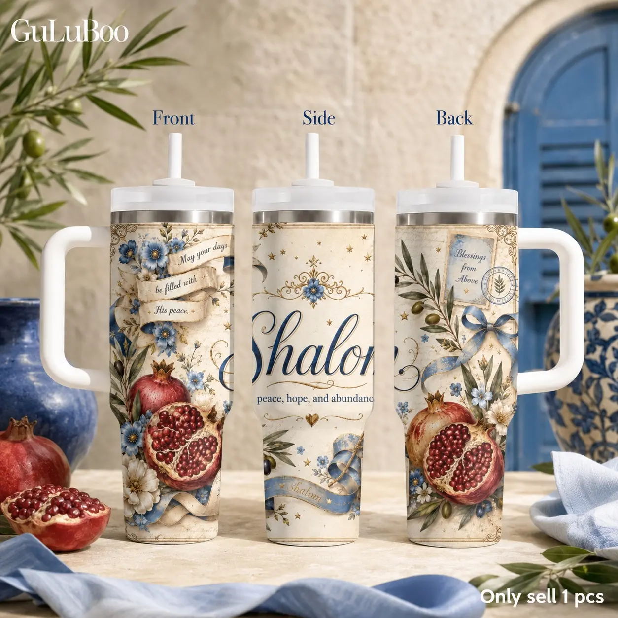 Shalom Pomegranate Olive Prints Vacuum Flasks 40oz Stainless Steel Tumbler with Handle & Straw – Vacuum Insulated Travel Mug, Keeps Drinks Cold Up to 24H, Leak-Resistant Cup for Iced Coffee, Water, Gym, Office & Travel