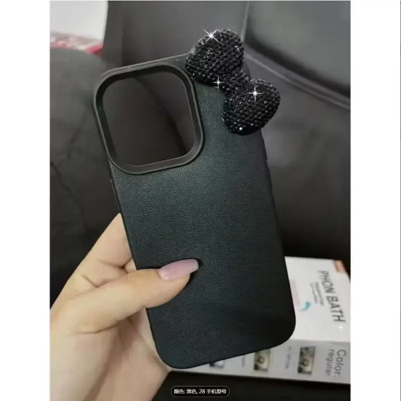 Girls' Black Rhinestone Bow Cellphone Protective Case For iPhone 17 16 15 14 13 12 Pro Max  Full-Coverage Alligator-Textured Case Bling Cover