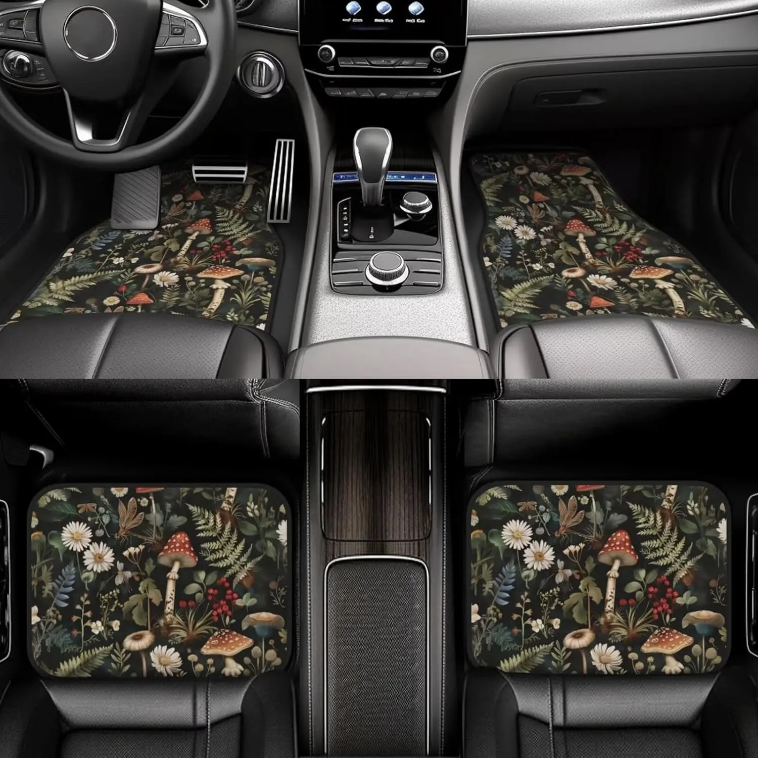 4-Piece Set 2D Print Hippie Mushroom Car Mats, Cute Leaf Floor Mat, All-Weather Heavy-Duty Protection, Universal Size, Polyester Fiber, Auto Interior Accessories, Vehicle Interior Accessories, Car Accessories