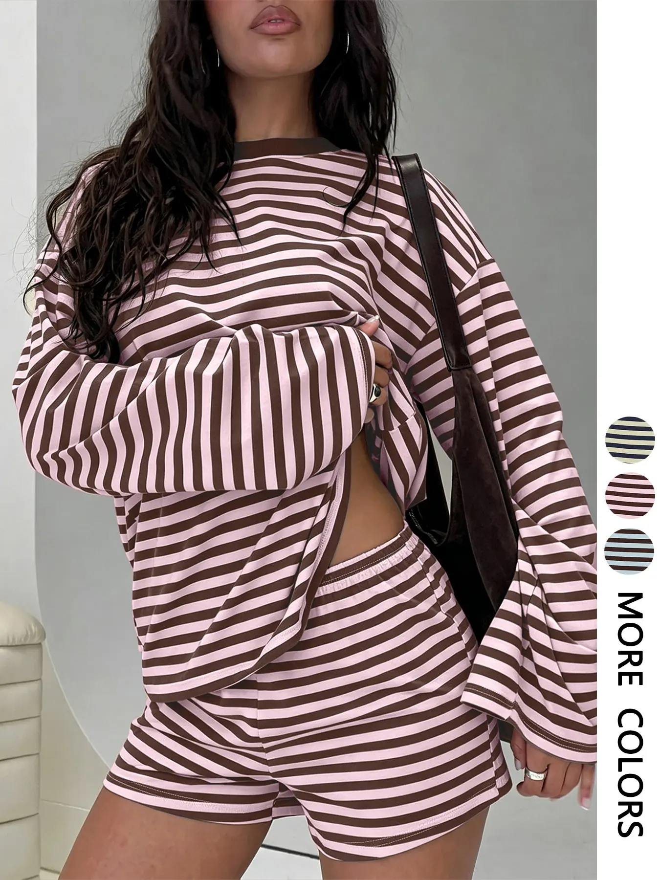 Women's Striped Set, Loose Fit Long Sleeve Top, Elastic Waist Pocket Shorts, 2-Piece Casual, Comfortable Cotton Home Wear, Everyday