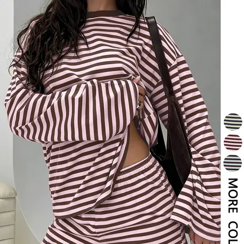 Women's Striped Set, Loose Fit Long Sleeve Top, Elastic Waist Pocket Shorts, 2-Piece Casual, Comfortable Cotton Home Wear, Everyday
