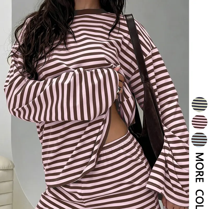 Women's Striped Set, Loose Fit Long Sleeve Top, Elastic Waist Pocket Shorts, 2-Piece Casual, Comfortable Cotton Home Wear, Everyday