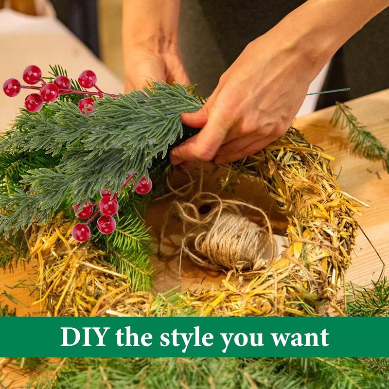 45 Pcs Christmas Artificial Pine Branches with Red Berry Stems- 10.5" Faux Evergreen Norfolk Pine Cypress Leaves Stems- Fake Foliage Pine Needles Picks for DIY Craft Garland Home Decor