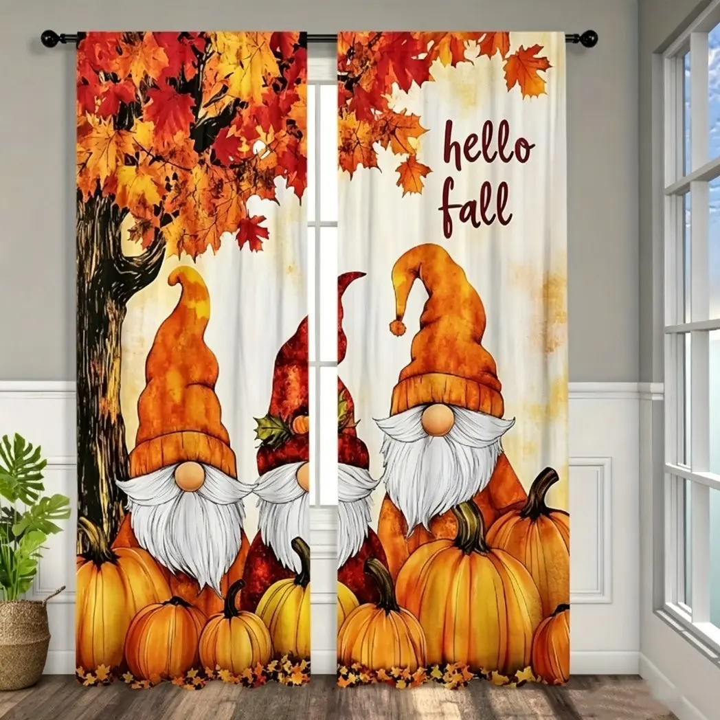 Autumn Maple Leaf Printed Curtains 2 Panels, Fall Harvest Pumpkin Bird Gnome Themed Polyester Decorative Window Drapes