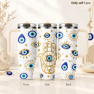 Halloween Evil Eye 40oz Drinkware Tumbler – Spooky Stainless Steel Insulated Travel Cup with Handle & Straw Lid for Coffee, Water, Office, Car, Party Season, Protective Symbol Gift for Women
