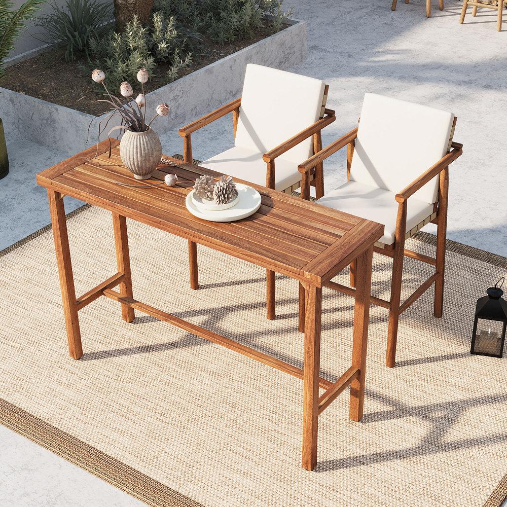 3 Piece Outdoor Bar Set, bistro Patio Acacia Wood Bar Height Table & 2 Stools with Cushions, Wood Dining Bar Set for Backyard, Poolside, Balcony, Beige Cushions