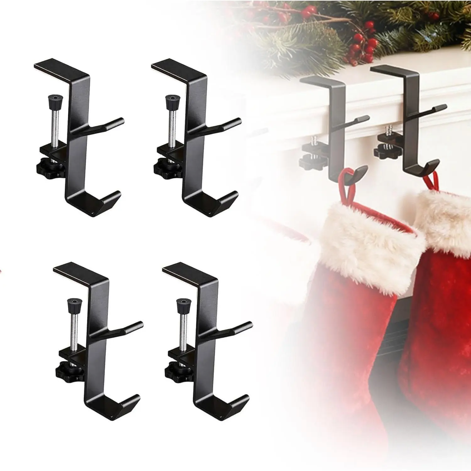 Fireplace Stocking Holder, Christmas Mantle Garland Hanger, Mantel Hook for Holiday Decorations,Adjustable Fireplace Stocking and Garland Hanger (Branch-Style, 2)
