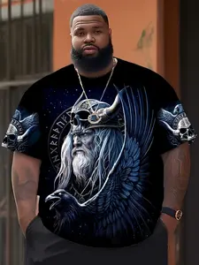 Plus Size Men's 3D Printed T-Shirt, Viking Style, Casual Long Sleeve, Polyester Knit Fabric, Elastic, Norse Mythology Design