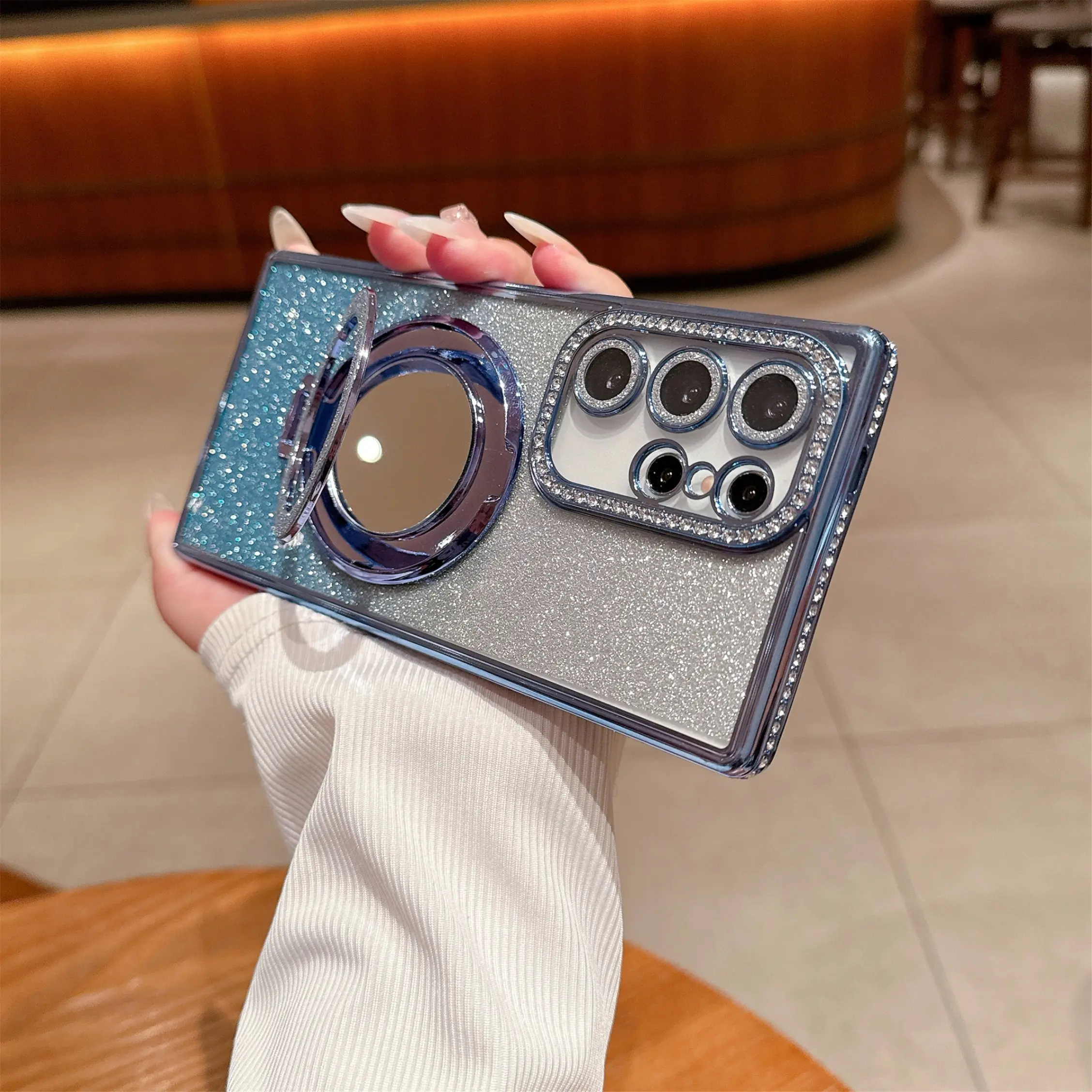 Glitter Phone Case with Rhinestone Camera Frame & Built- Makeup Mirror Magnetic Kickstand, Luxury Trendy Women's Shockproof Soft Durable TPU Protective Cover Compatible with Samsung Galaxy S26 Ultra, S25, S24, S23 Ultra, Supports Wireless Charging