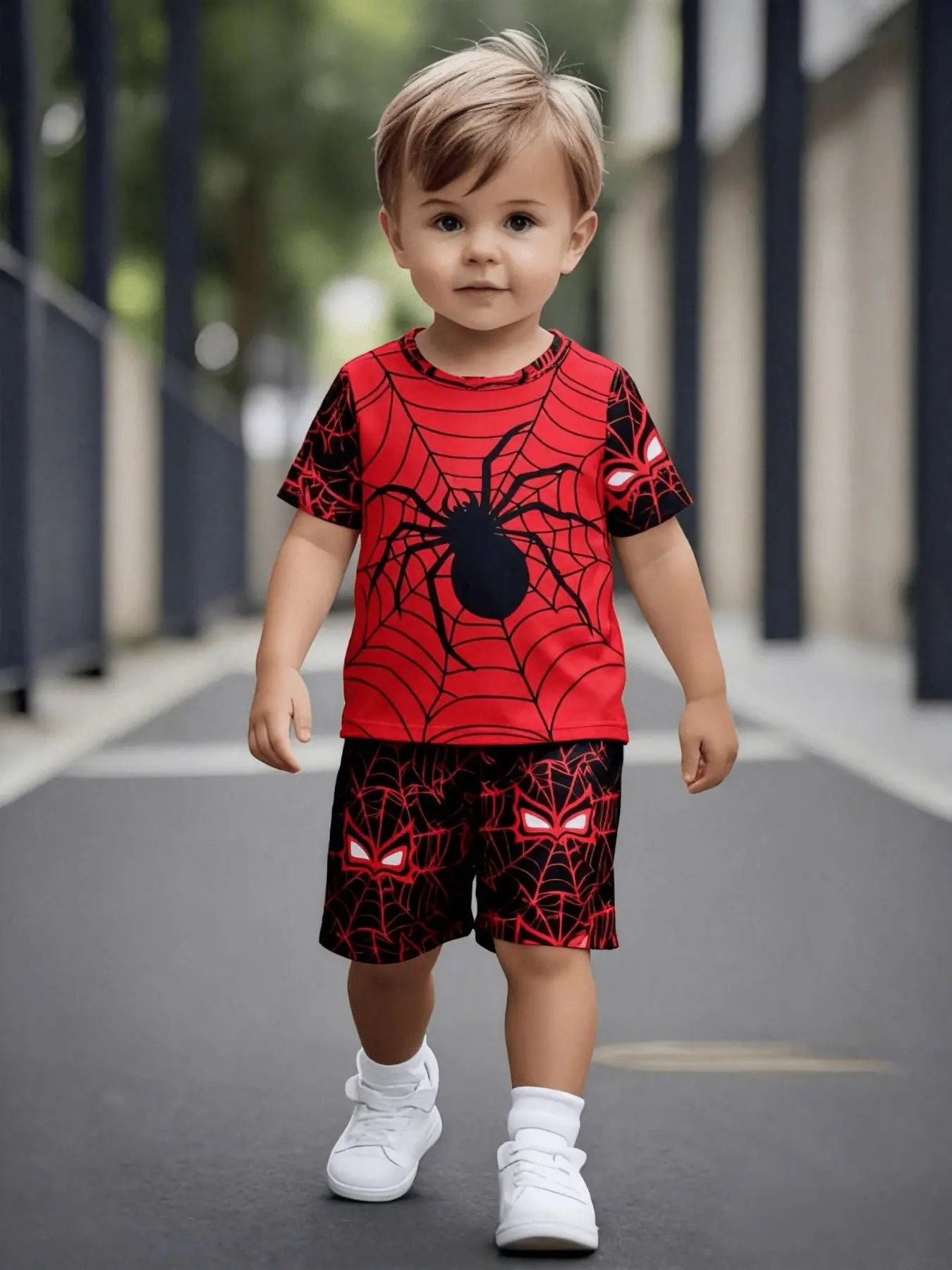 Summer Spider Print Set, Matching Set, Outfits Set, Breathable Short Sleeve Tee and Shorts, Loose-Fitting Casual for Kindergarten Kids, Summer Clothing Set
