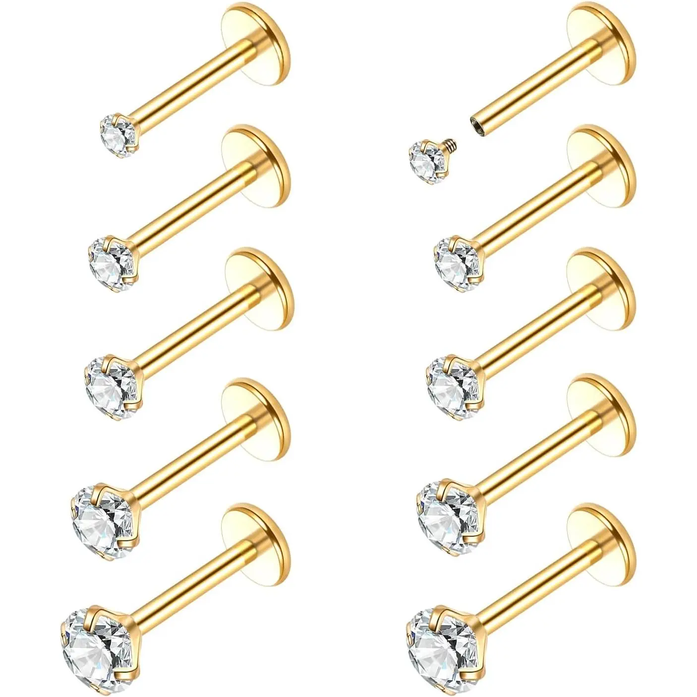 18G 16G Flat  Stud Earrings 14K  Plated Internally Threaded CZ Stud   for Tragus Helix Cartilage Conch Nose  Lip Labret Medusa