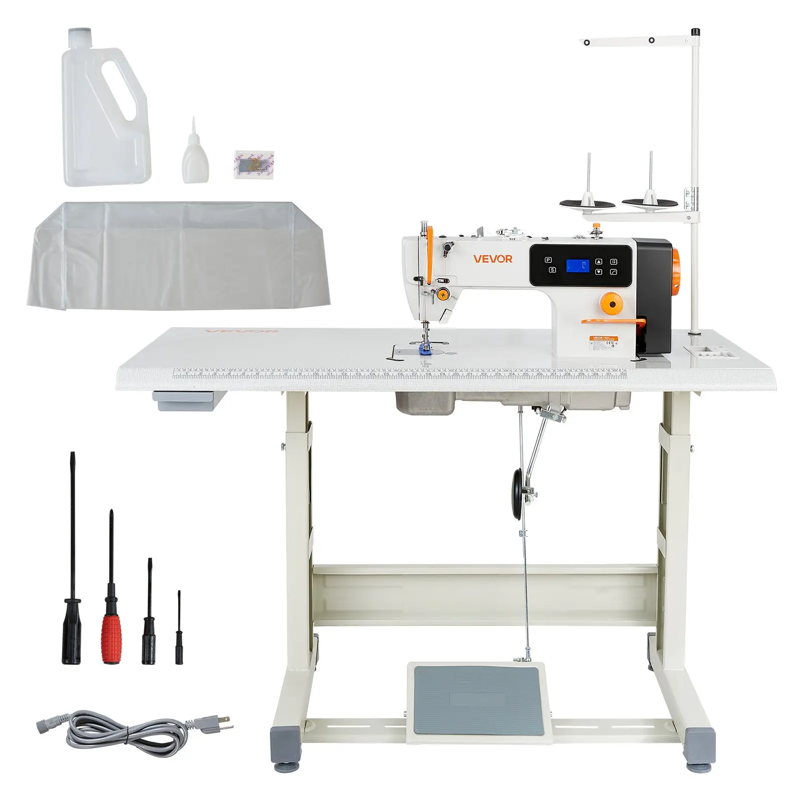 VEVOR Industrial Sewing Machine, 550W Lockstitch Sewing Machine Set with Servo Motor and Table Stand, 5000 SPM High Speed, Metal Frame, LCD Panel, LED Light, for Cotton, Wool, Denim, Leather, Canvas The Table Stand and The Machine Head Are Shipped Sepa...
