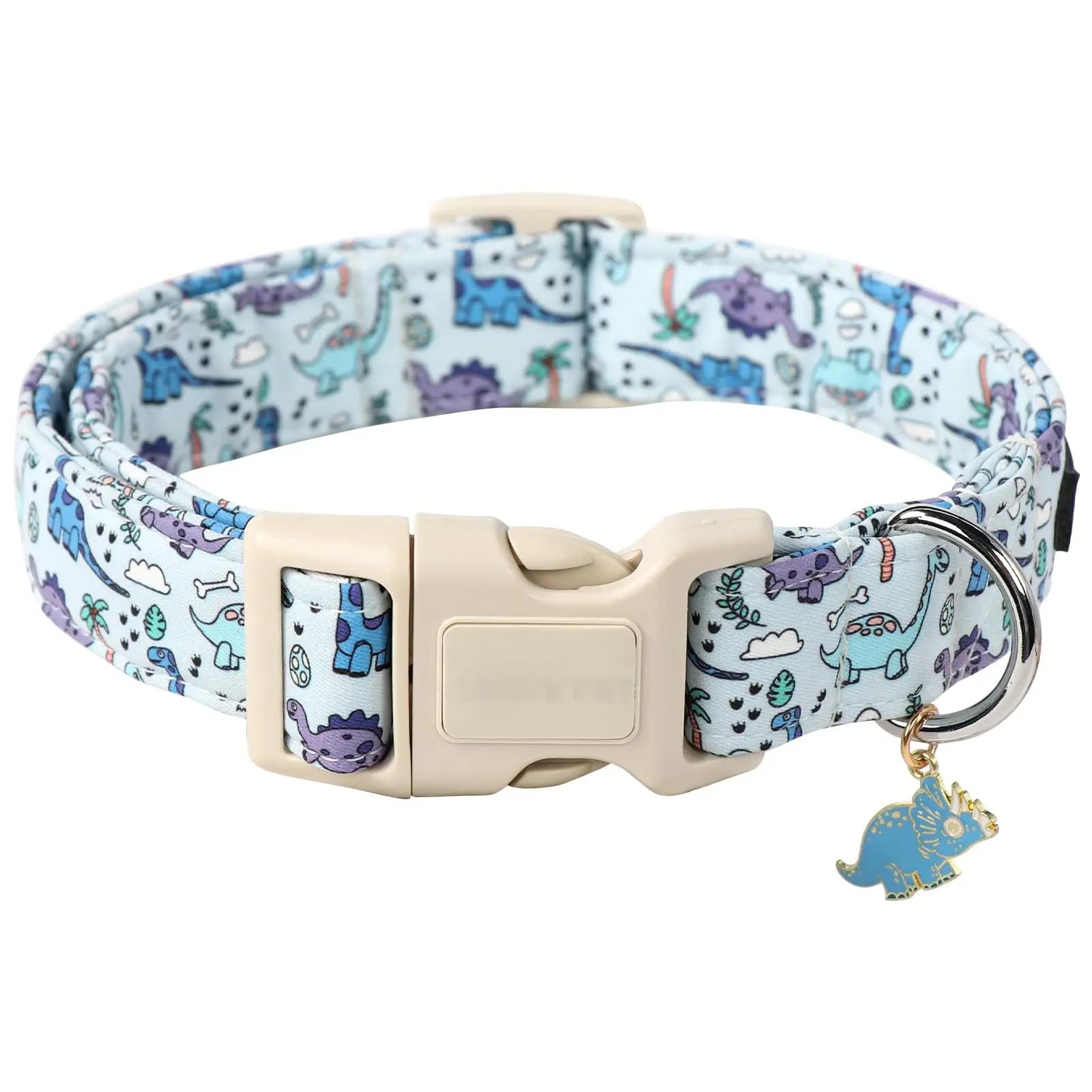 Spring Dinosaur Print Adjustable Dog Collar - Cute Collar with Pendant for Small to Large Dogs  Plastic Buckle Leashes
