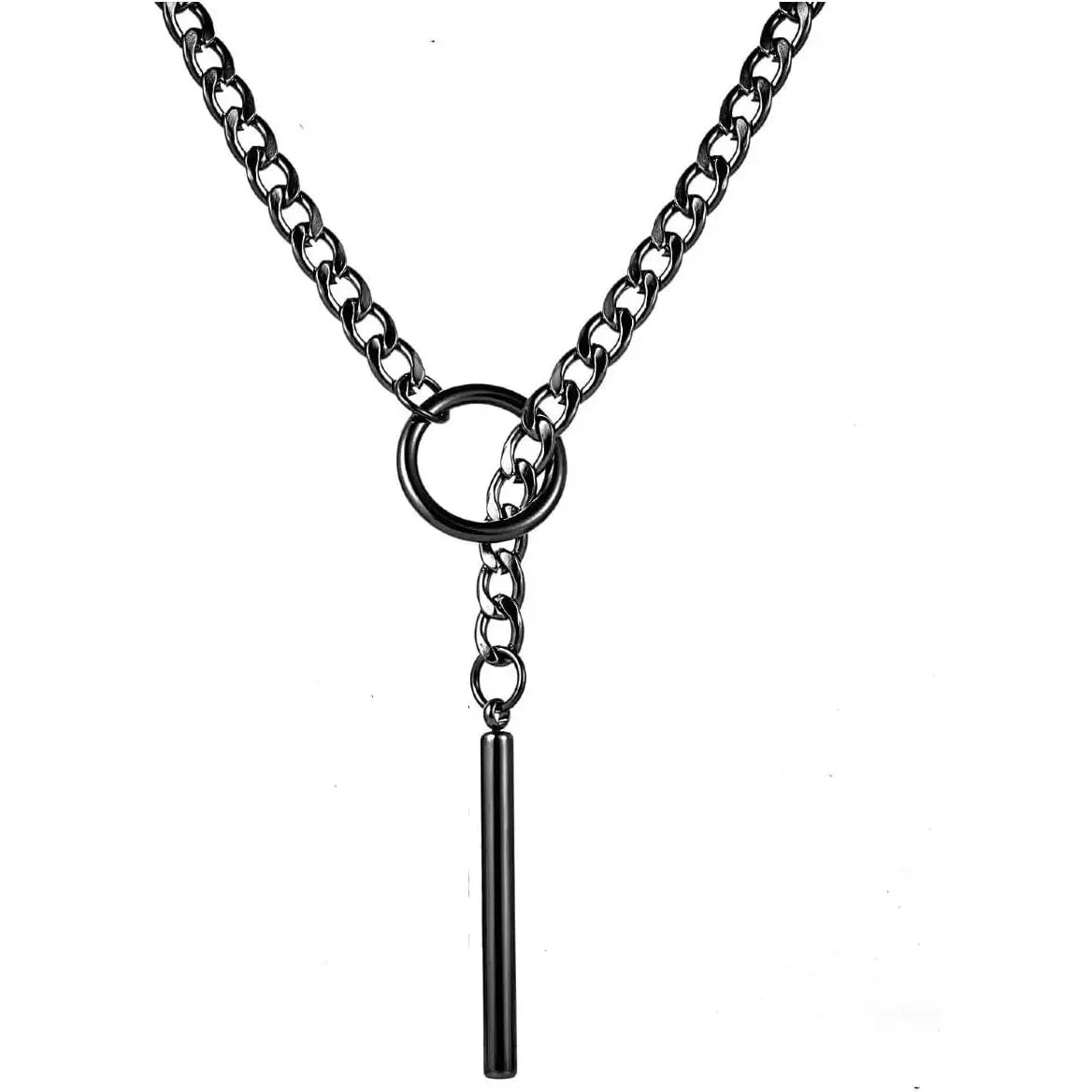 Women's Tarnish-Free Stainless Steel Cuban Y-Shape Slip Chain Necklace - Gothic Lariat Choker with Bar Pendant, Adjustable for Everyday Wear