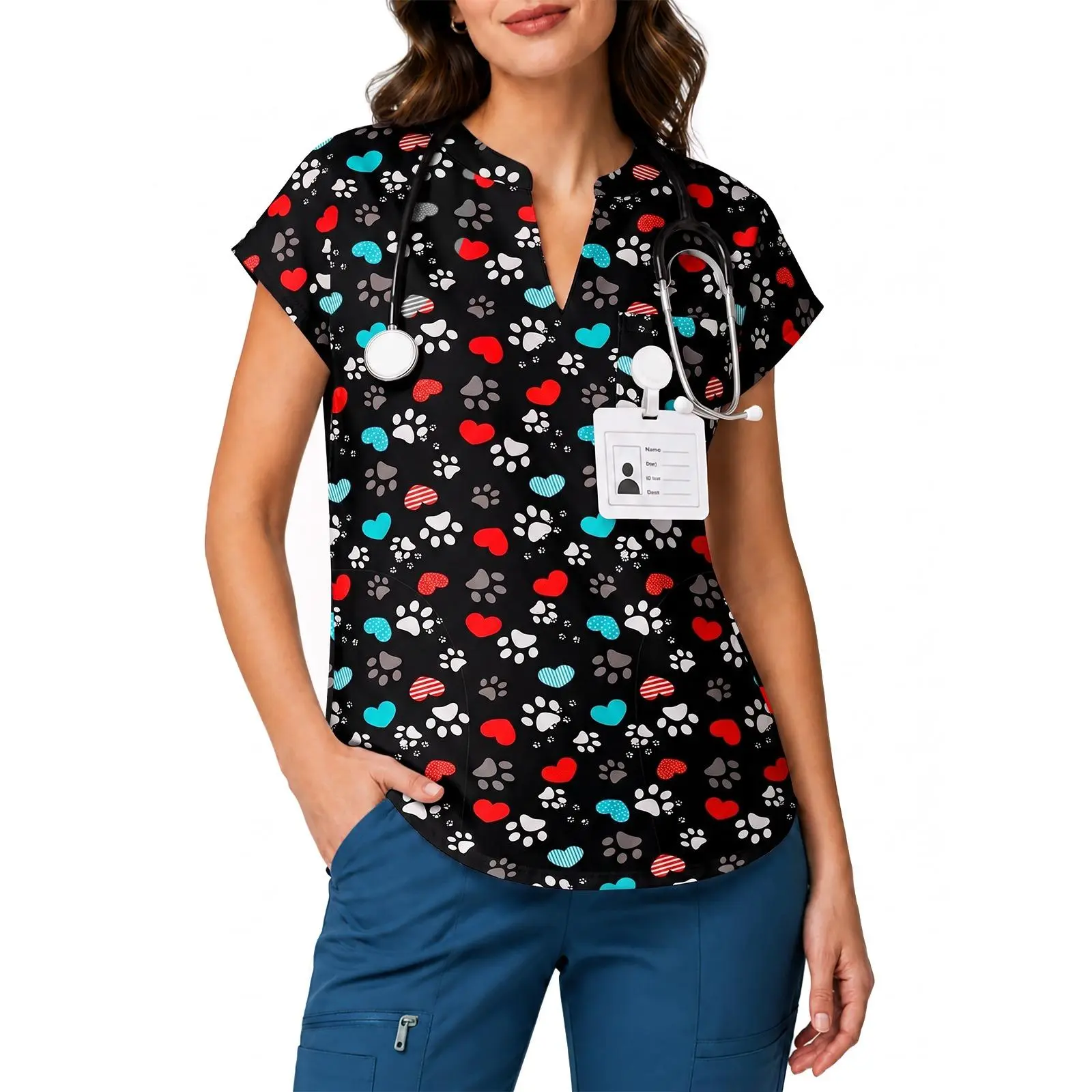 Yousify Scrubs for Women V Neck Printed Scrub Tops Nursing Uniform Medical Shirt with 3 Pockets