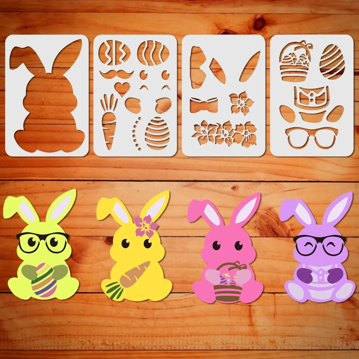 4 Pcs Large Easter Bunny Molds 11.7x8.3 Inches, Reusable Color Layering Mold for Wood, Canvas, Walls, Perfect for Easter Egg Painting
