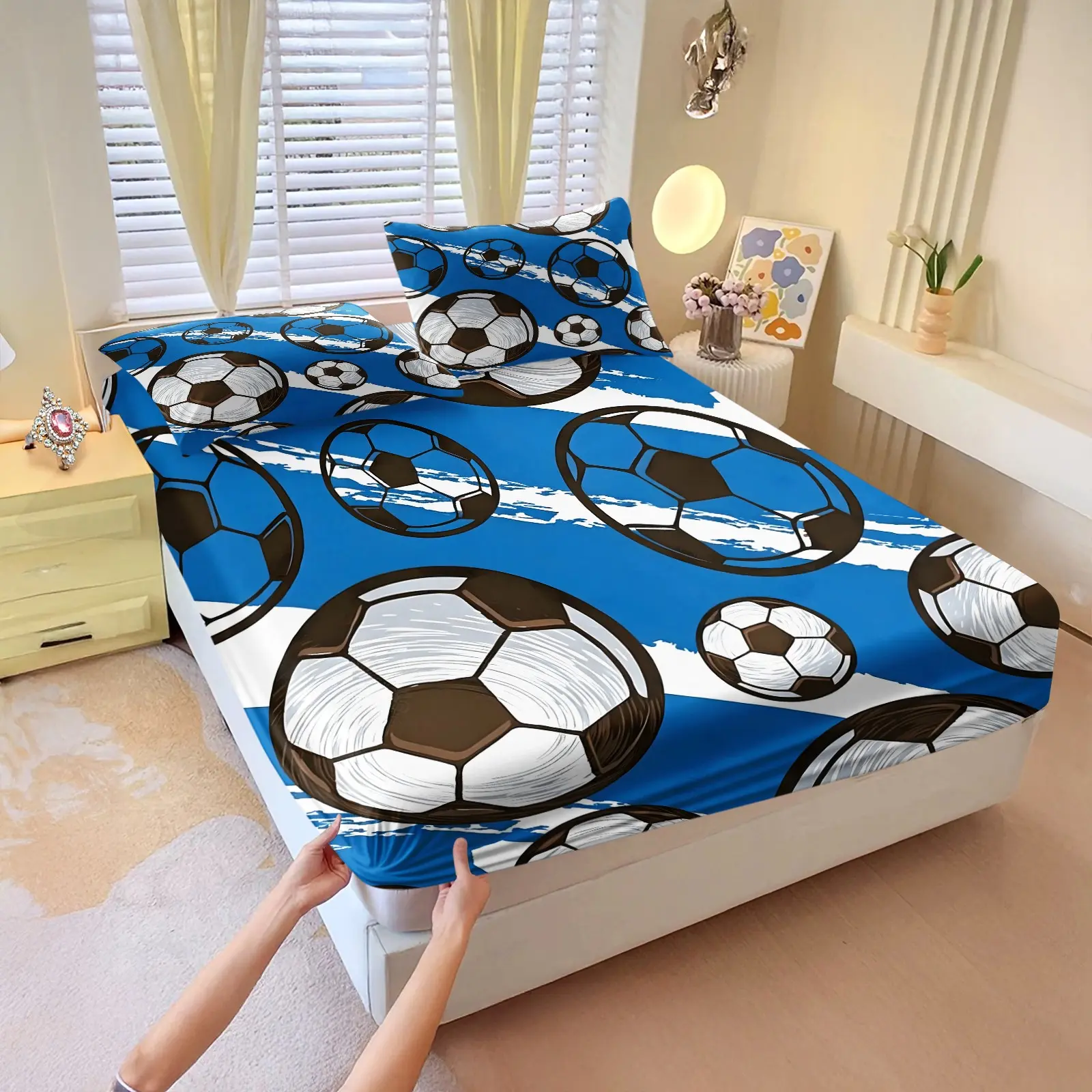 3Pcs Multi-Color Gradient Diagonal Stripe All Over Soccer Fitted Sheet Set, Trendy Print Machine Washable, Smooth Comfortable Easy Care, Decor For Fan Apartment, Perfect Gift For Sports Festival