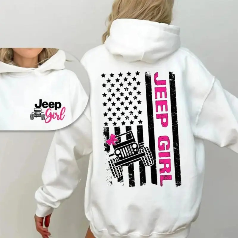 Jeep Girl Hoodie Cute Off-Road American Flag Graphic Hoodie Casual Street Style Fleece Fabric Pullover Hooded Sweatshirt Trendy Tops for Unisex,back to school,back to school shopping