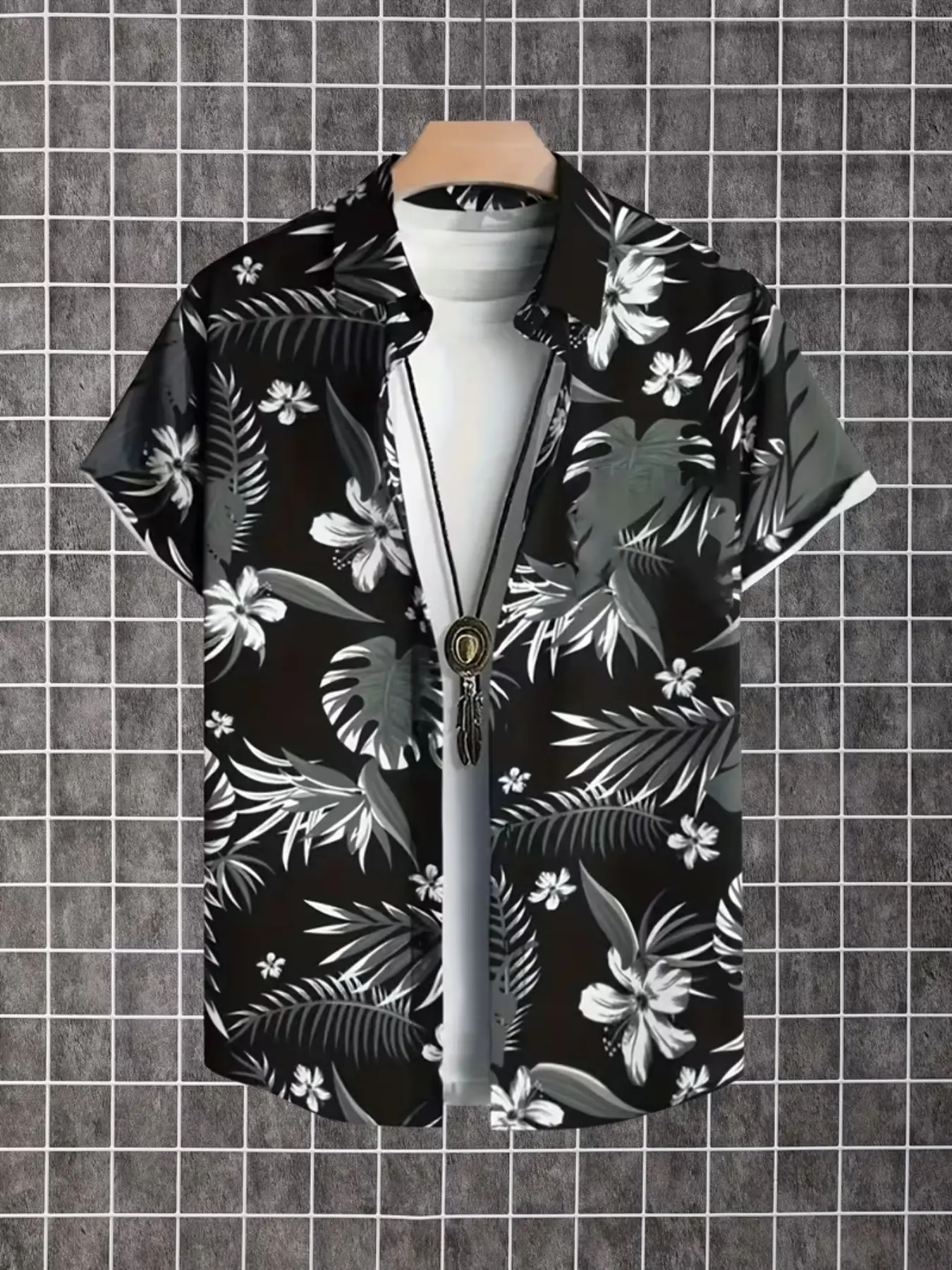 Men's Sublimation Hawaiian Short Sleeve Shirt, Loose Lapel Button Down Blouse with Grey White Hibiscus & Tropical Palm Leaf All Over Print, Breathable Casual Summer Top for Beach Vacation Daily Wear, Printed Shirts