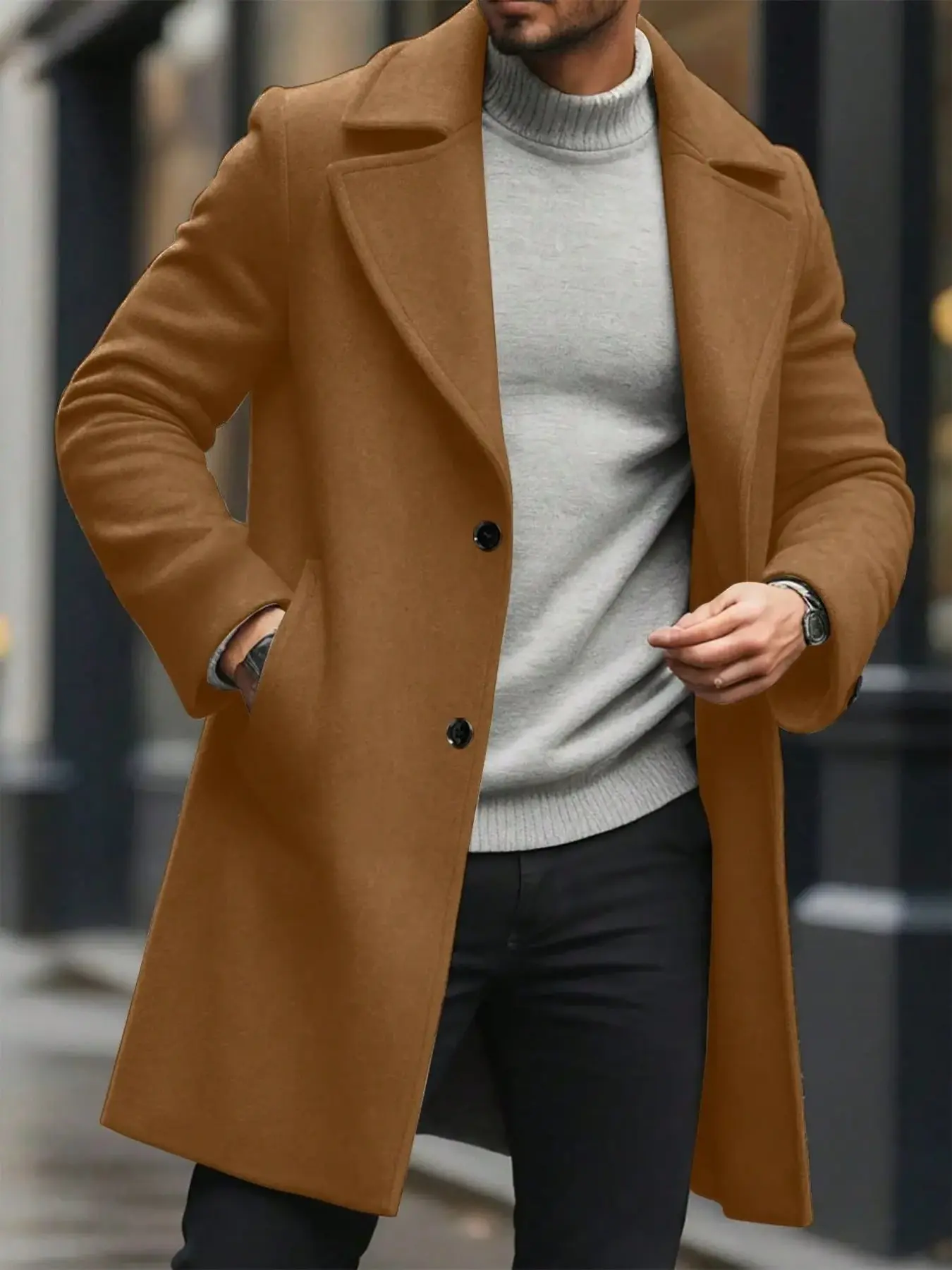 Men's Solid Color Pocket Button Long Sleeve Classic Coat, Fall Outdoor Jacket, Perfect Gift for Friends, Husband, Boyfriend, Winter Ceremony Wear