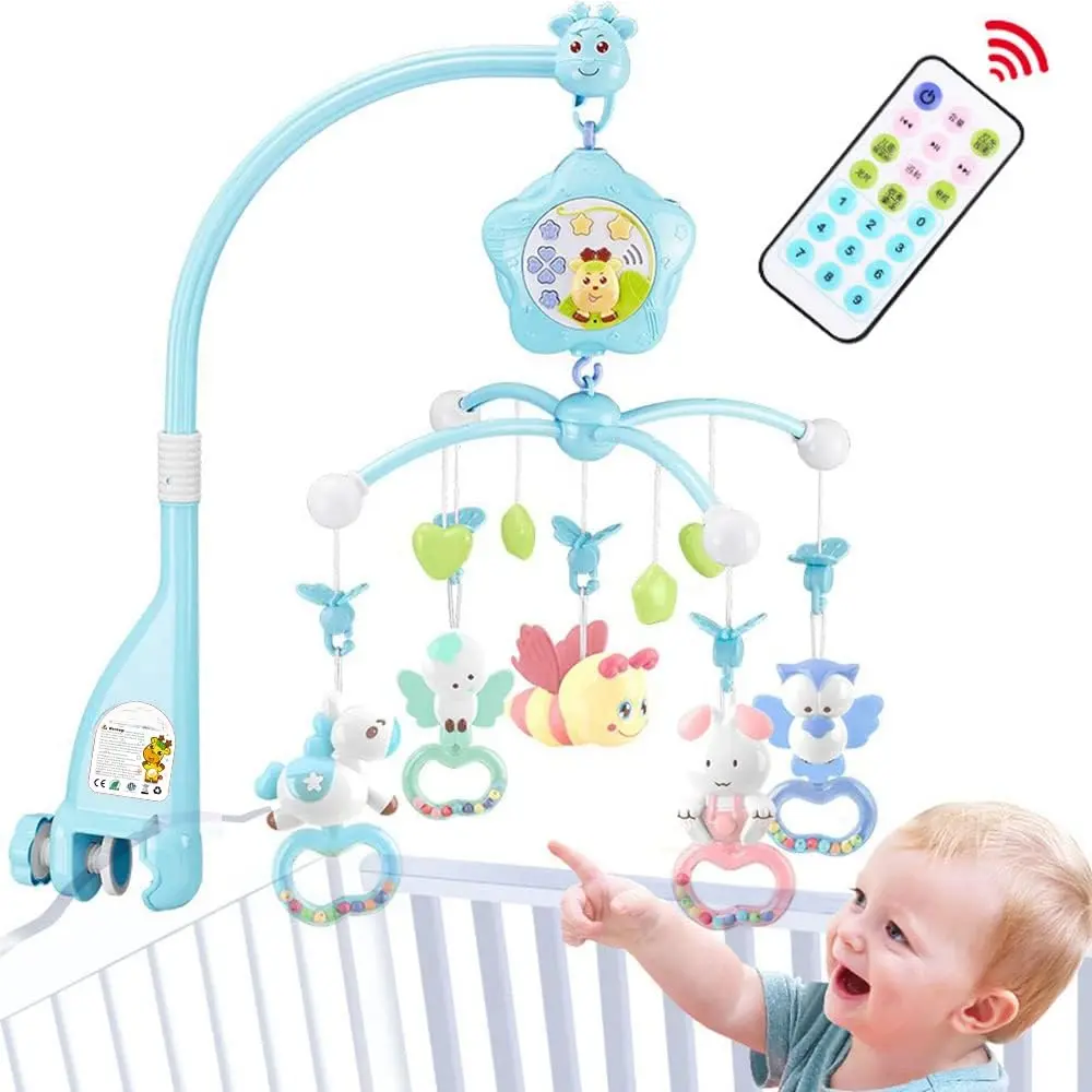 Unisex Baby Crib Mobile with Lights, Music, Remote Control, Projector, Crib Mount - Newborn Gift for 0+ Months (Blue-Bee)