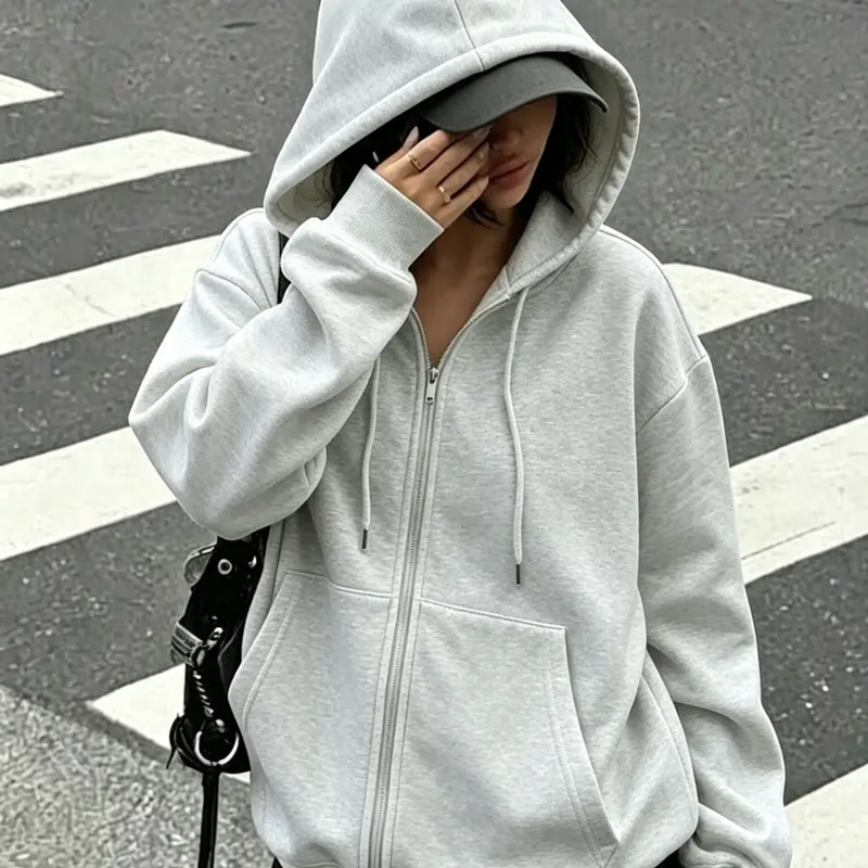 Women's Loose Fit Zipper Hoodie, Casual Oversized Full-Zip Hooded Jacket, American Streetwear Plain Color Long Sleeve Hoodie with Pockets, Sweatshirts, Zip Top Sweatshirt