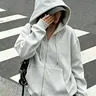 Women's Loose Fit Zipper Hoodie, Casual Oversized Full-Zip Hooded Jacket, American Streetwear Plain Color Long Sleeve Hoodie with Pockets, Sweatshirts, Zip Top Sweatshirt