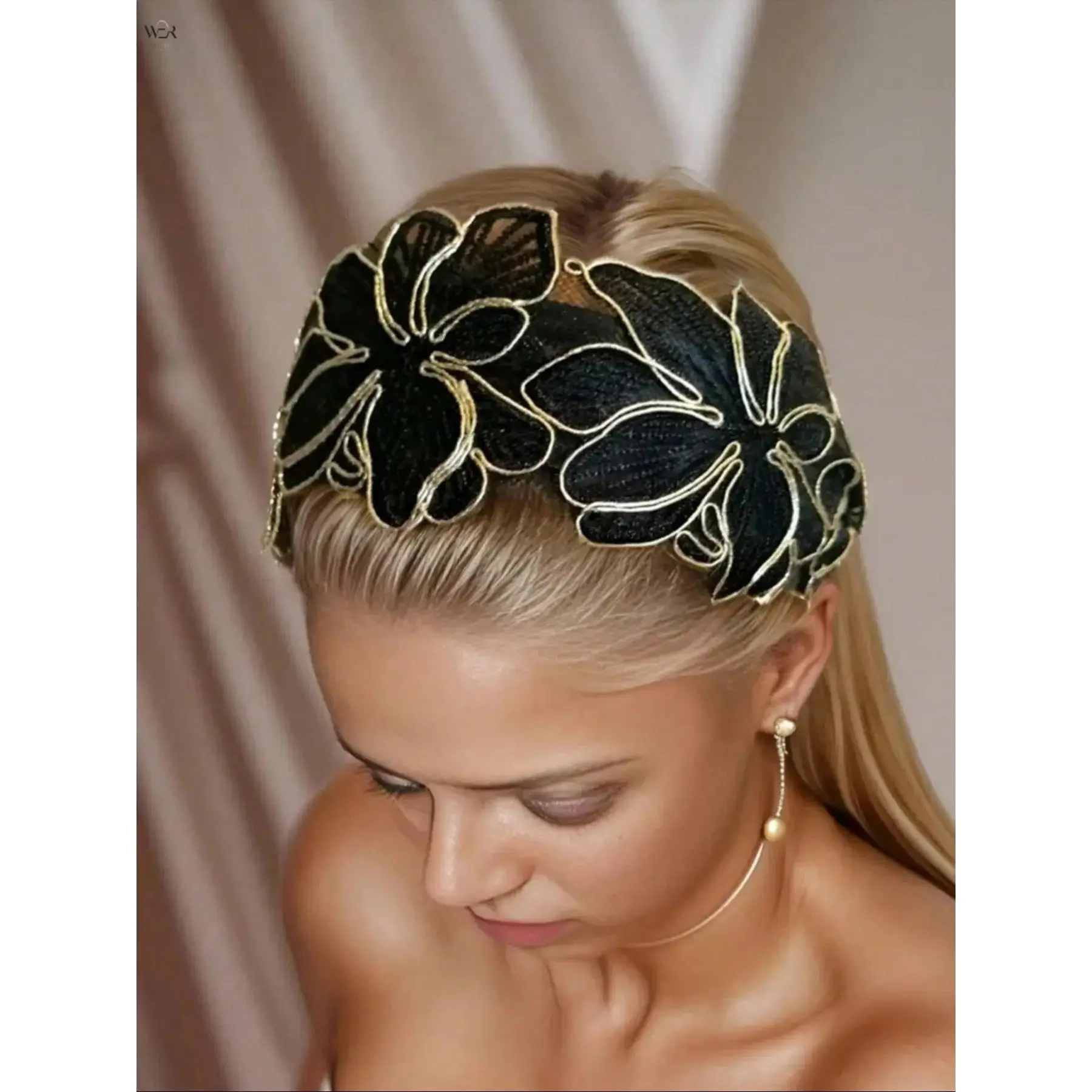 Women's Black Gold Floral Mesh Lace Wide Hoop Headband - 13cm Vintage Embroidered Anti-Slipping Hair Accessory for Formal Events, Casual Styling, Headbands For Women, Anti-Slippage, Hollow Lace