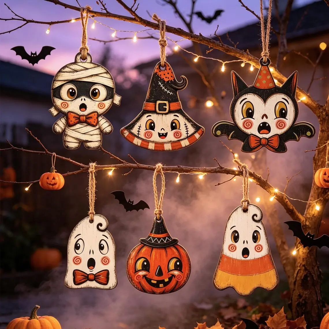 Halloween Decorations for Small Trees, Vintage Style Indoor Halloween Decor, Includes Vampire, Skull, Witch Owl, Pumpkin, Cat, Ghost, Frankenstein, Mummy, Tree Ornaments
