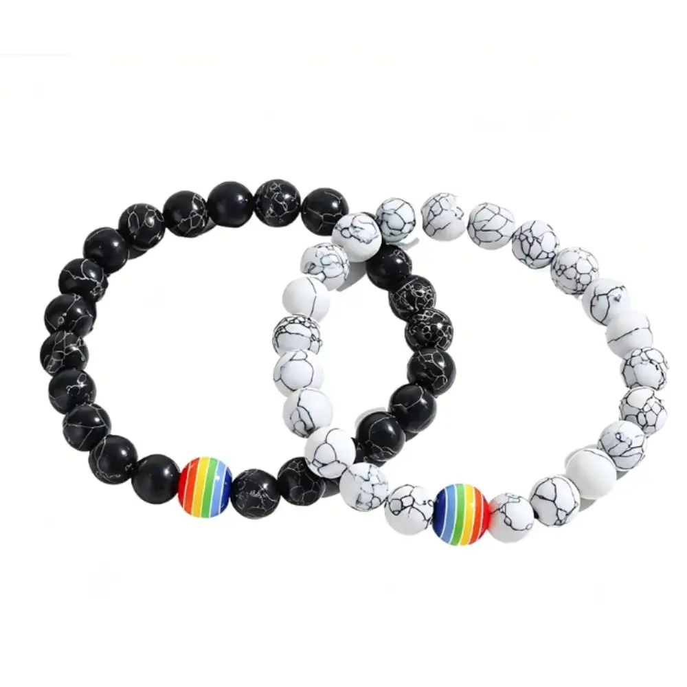 PESENAR Rainbow Pride Beaded Bracelet Set 2PCS Natural Stone Stretch Bracelets Elastic Bracelet for LGBTQ+ Pride Month Couple Jewelry Beaded Friendship Jewelry Exquisite Trendy Bracelet
