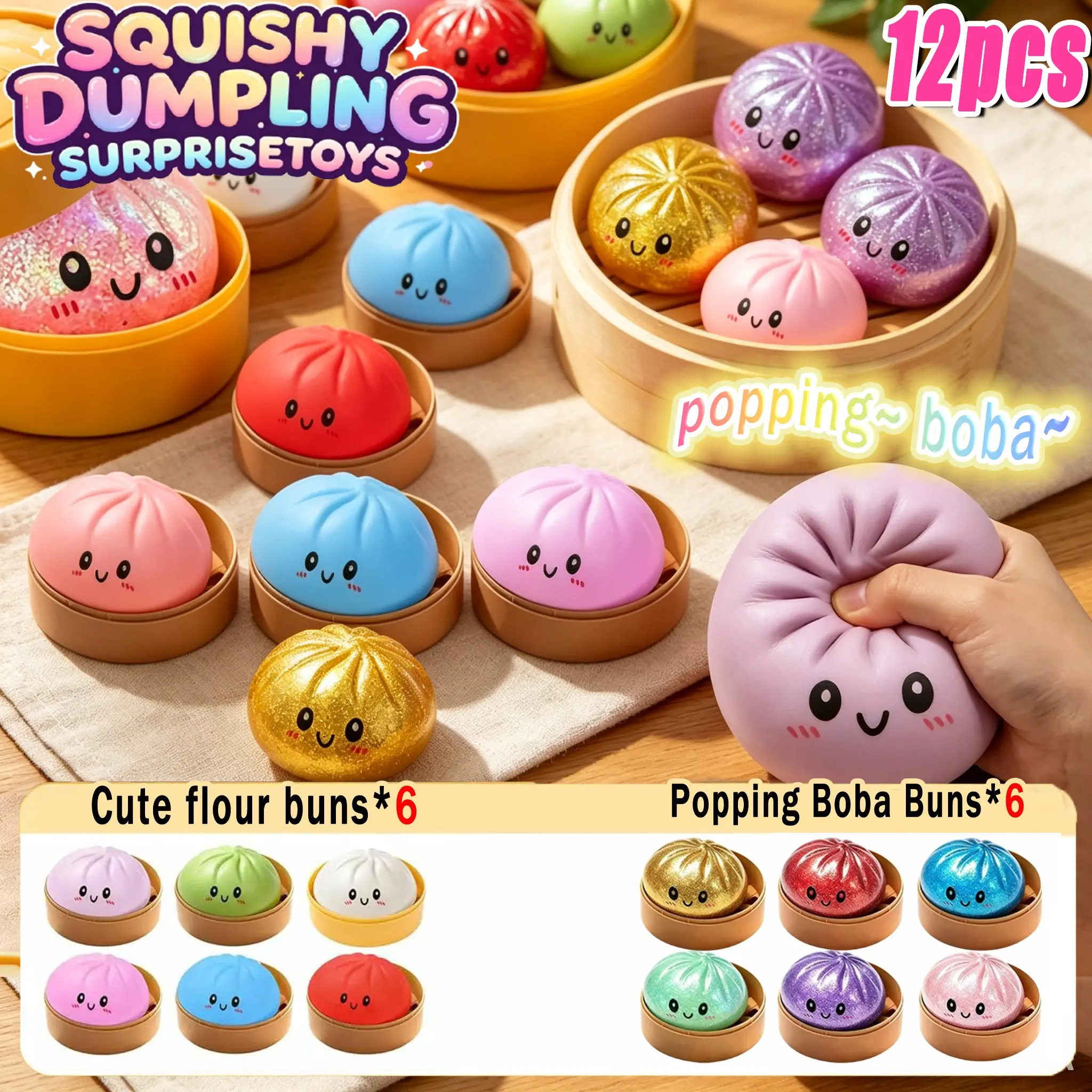 12pcs Glitter Dumpling Squishy, Soft Tpr Dough Ball with Steamer, Sensory Stress Relief Toy, Unisex Soft Squishy Fidget, Food Squishies