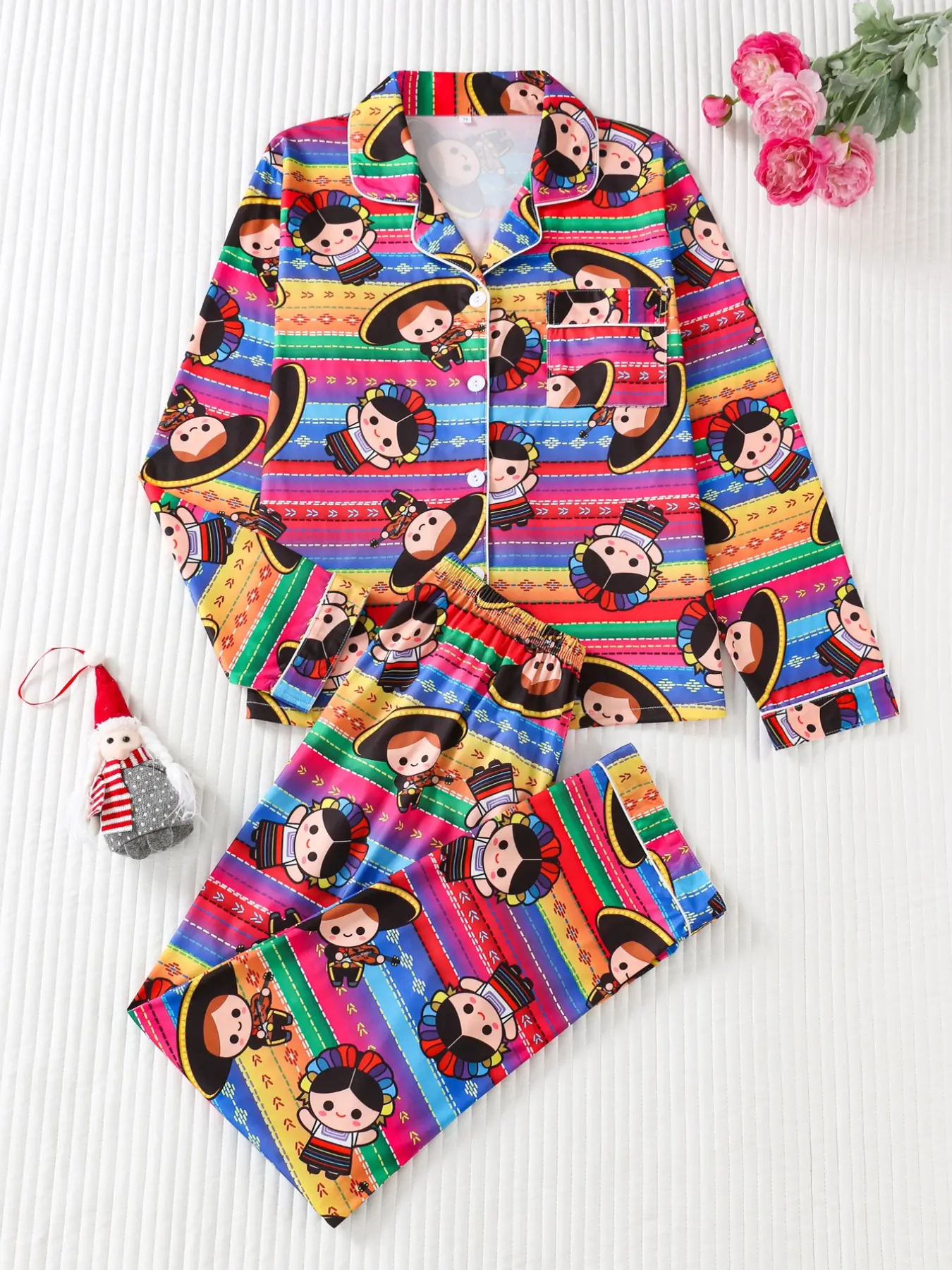 Two-Piece Ethnic Rainbow Stripe Cartoon Pajama Set, Soft Smooth Fabric, Loose Lightweight Button Front, Long Sleeve Top and Pants
