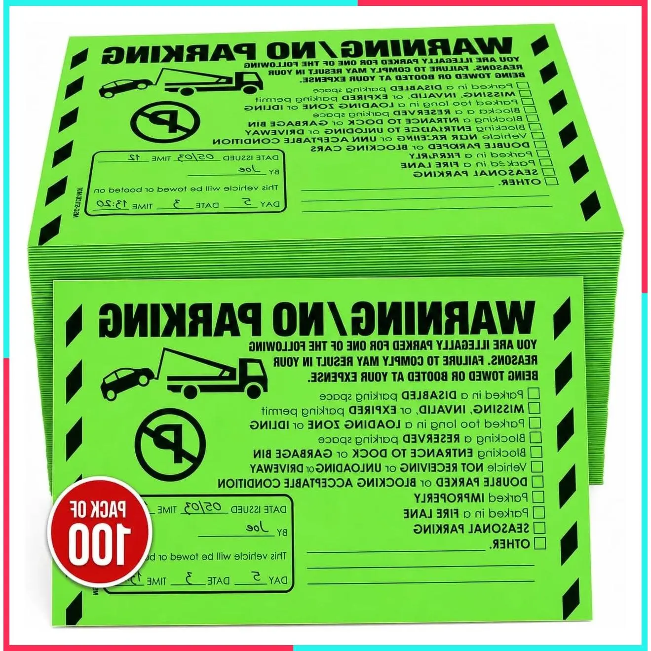 100 Pack 8x5 No Parking Stickers - Hard to Remove Bad Parking Warning Stickers