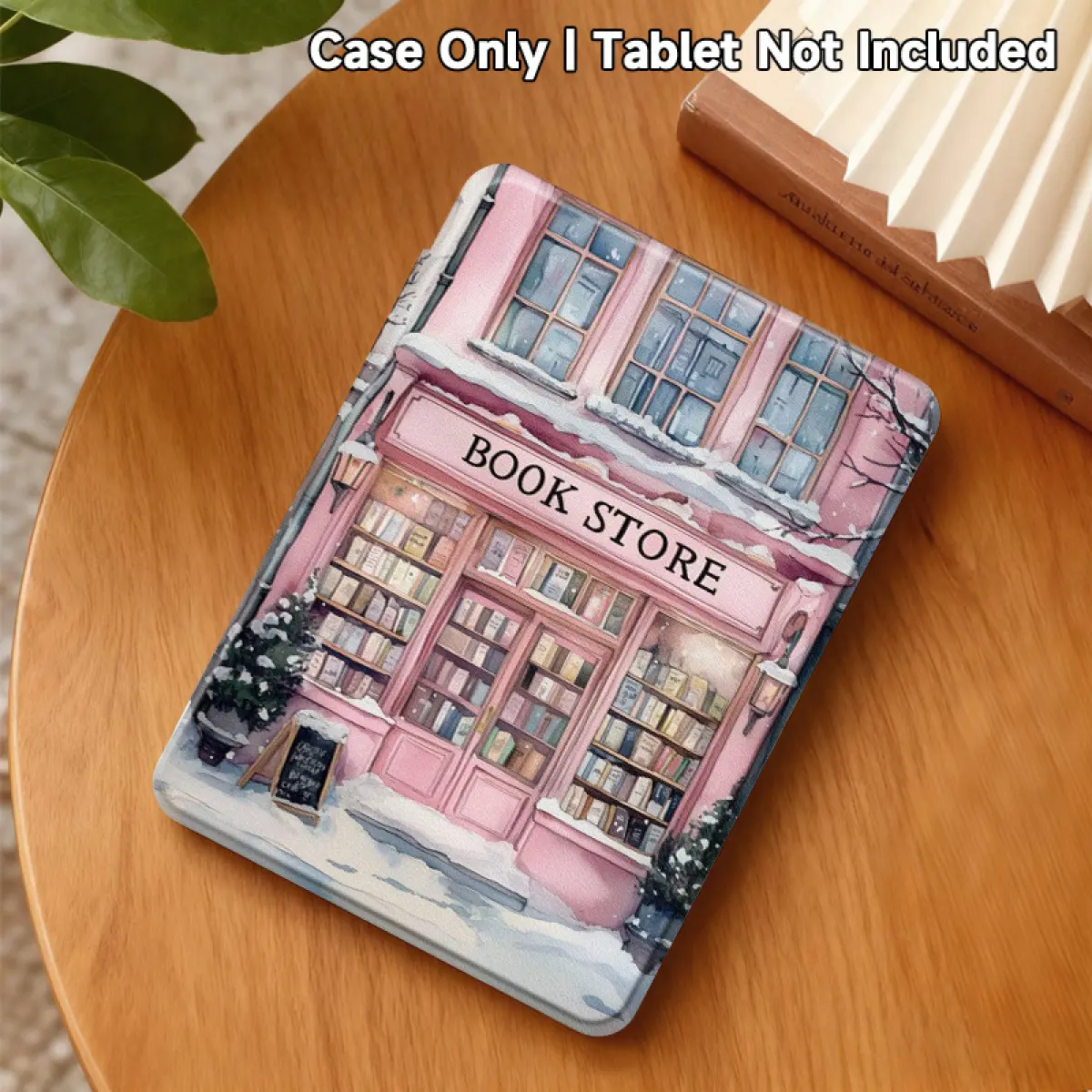 Pink winter bookstore with cute snow scene design transparent protective case, features automatic wake/sleep function, comes with a hand strap--compatible with Kindle ( 6inch / 6.8inch / 7inch )--stylish and colorful design, unisex style