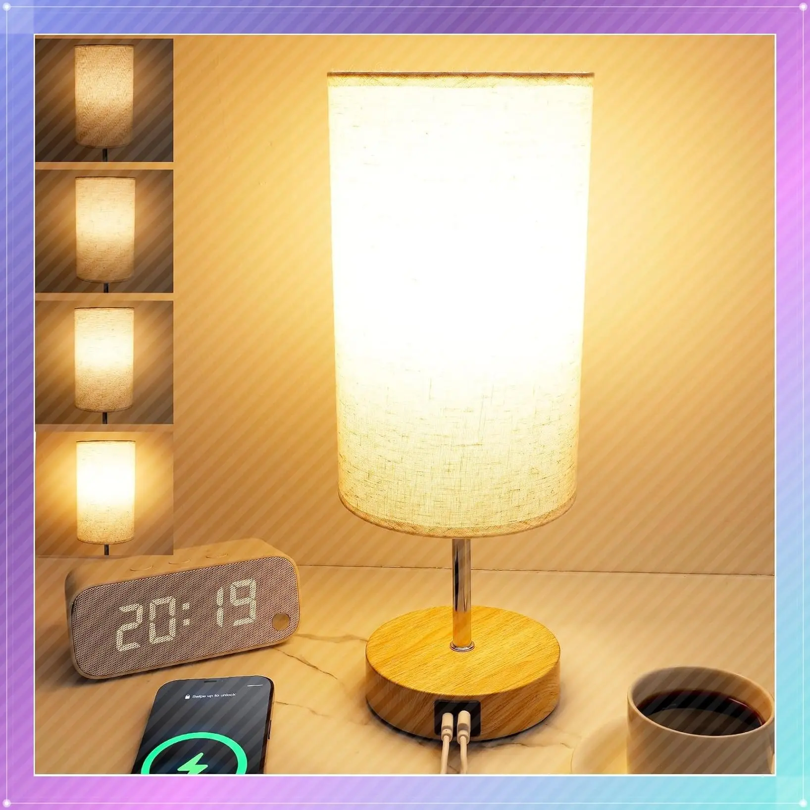 Touch Dimmable Nightstand Lamp with USB-C & USB-A Charging Ports, Includes E26 LED Bulb, 4 Brightness Levels, Natural Wood Base and Soft Linen Fabric ShadeGift