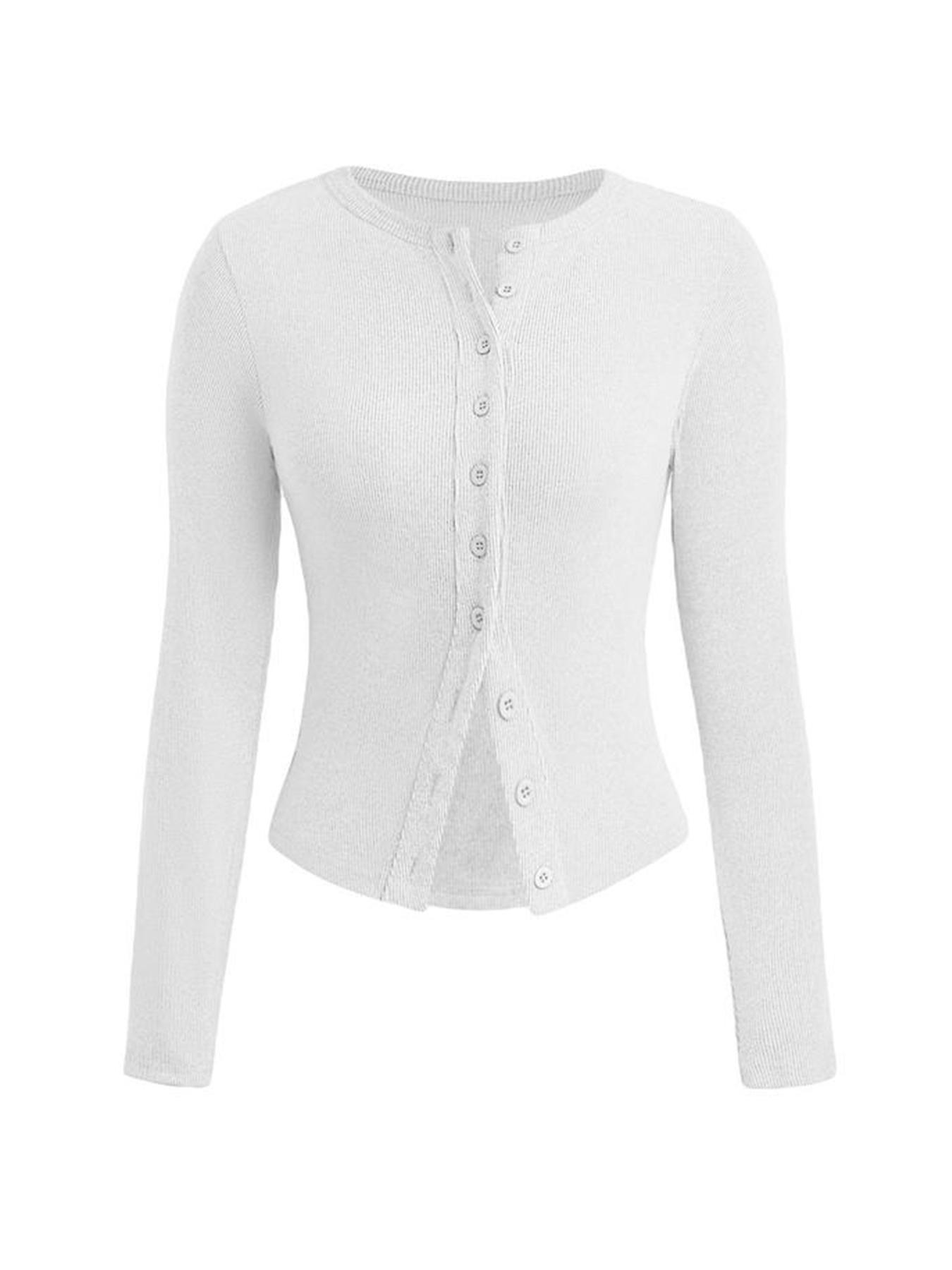 Basic Solid Color Round Neck Button Long Sleeve Slim Top